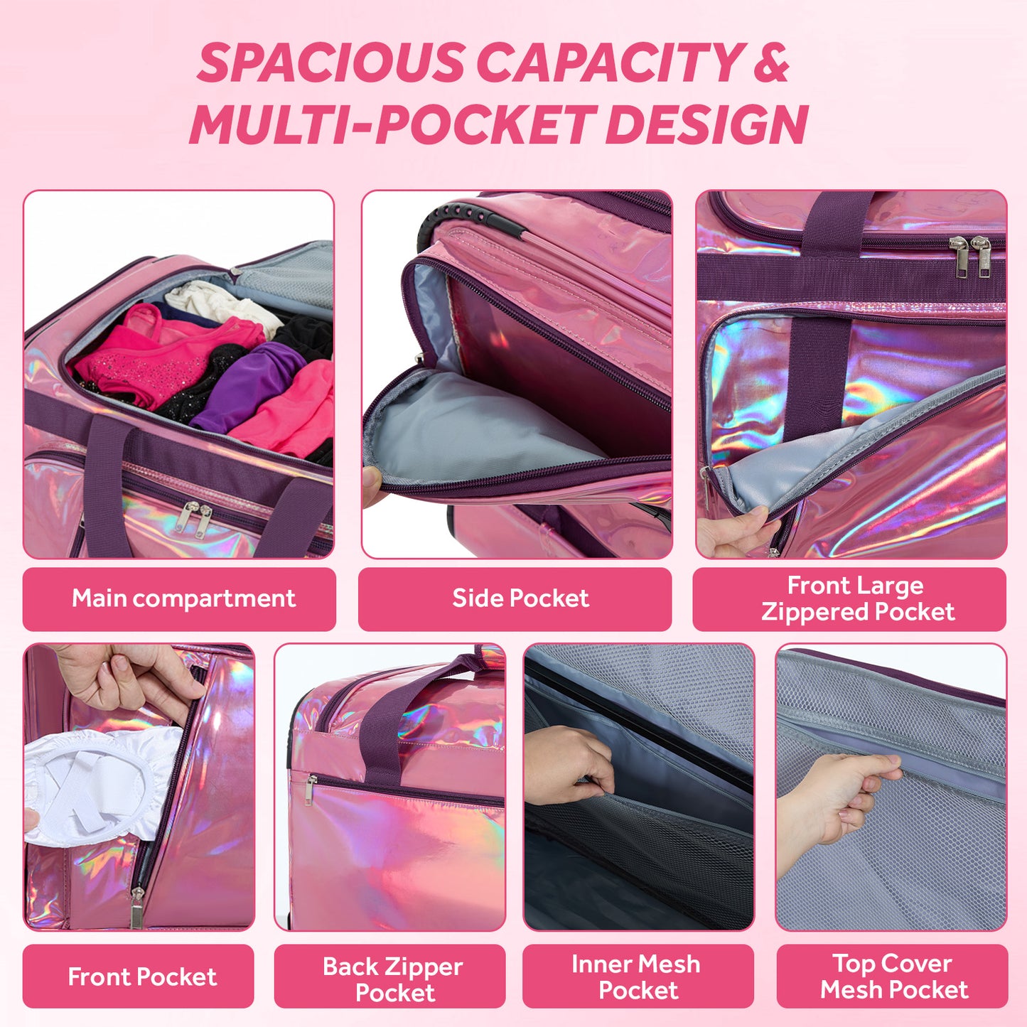 Fegat Dance Bag with Garment Rack, 23" Glittering Rolling Dance Competition Bag Prism-Glowing Waterproof Dance Duffel Bag Costume Suitcase for Dancers Performer Artist,Sparkle Purple