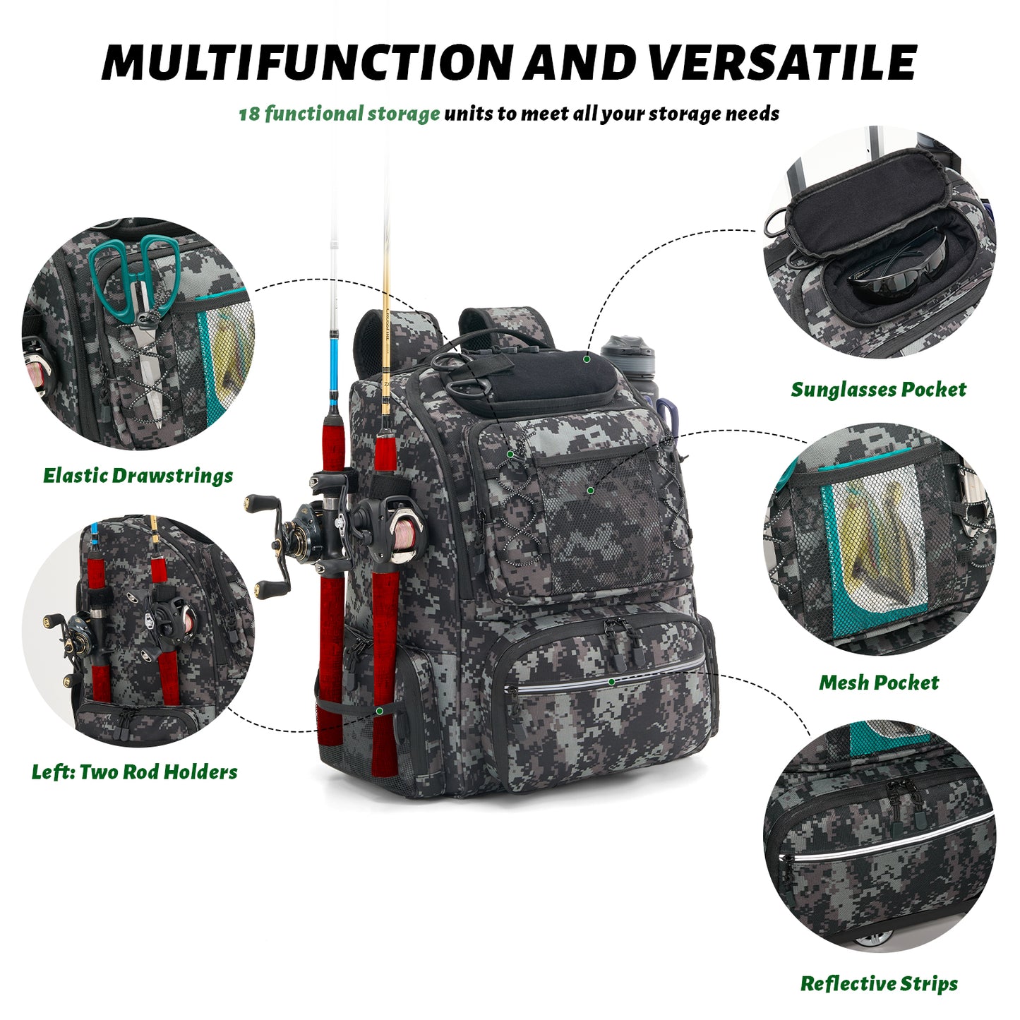 Fegat Rolling Fishing Tackle Backpack with Rod & Gear Holder, 48L Large Wheeled Storage Bag Tackle Boxes Organize Fishing Equipment for Camping,Hunting Gifts for Men Father, Black