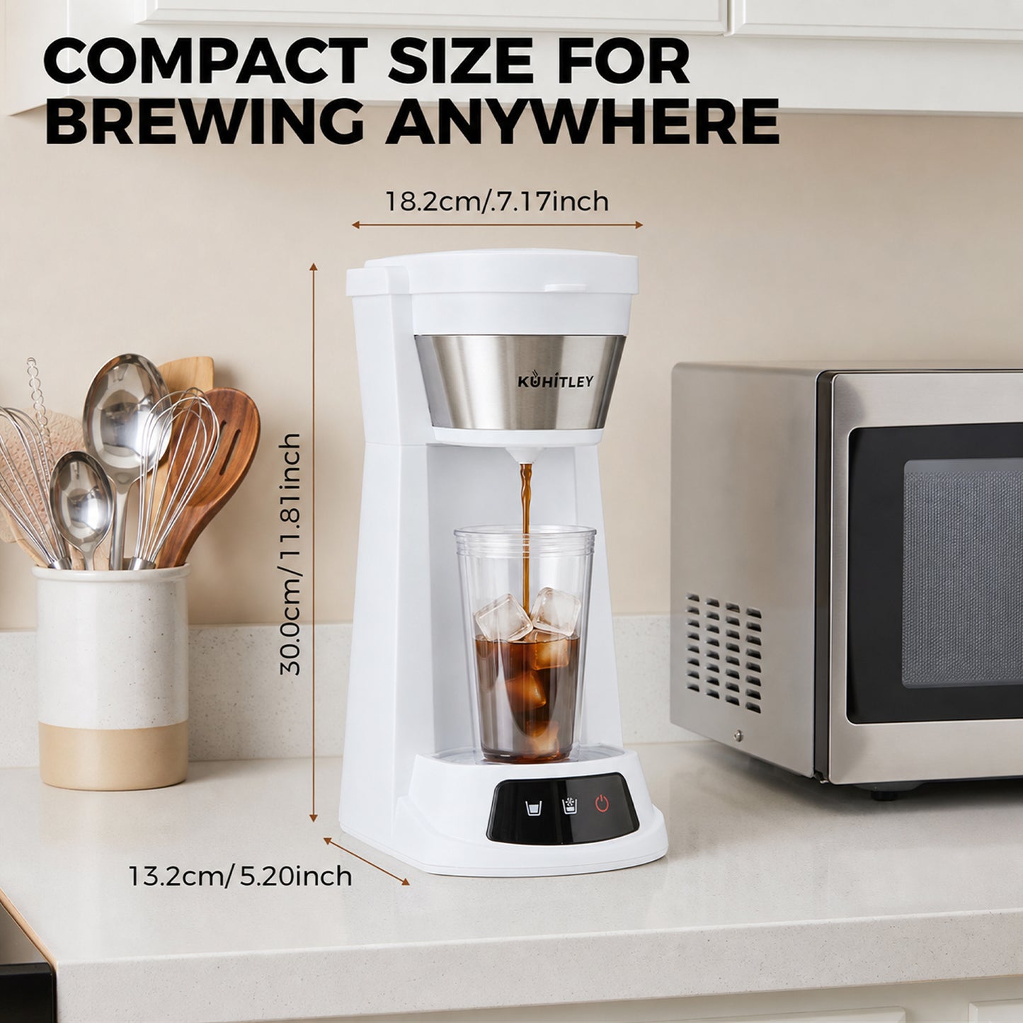 Kuhitley Single Serve Coffee Maker for Grounds,14oz Hot & Iced Coffee Brewer with 420ml Water Cup,700W Compact Machine with Reusable Mesh Filter,One Cup Coffee Maker for Home