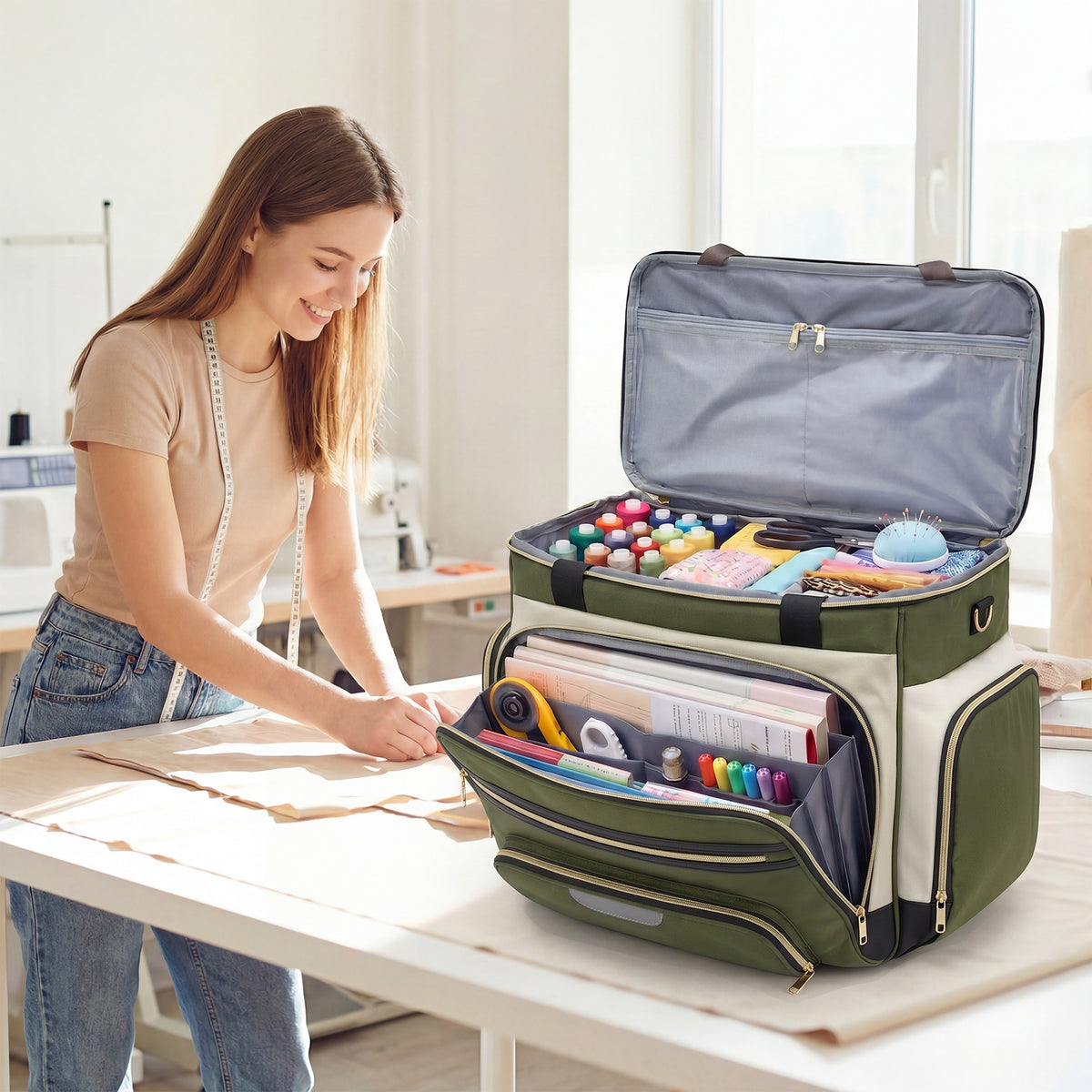 Rolling Craft Bag,Rolling Teacher Bag with Insulated Lunch Bag,Large Sewing Machine Tote & Accessory Storage,Detachable Rolling Transport Tote for Crafts,Teaching,Office
