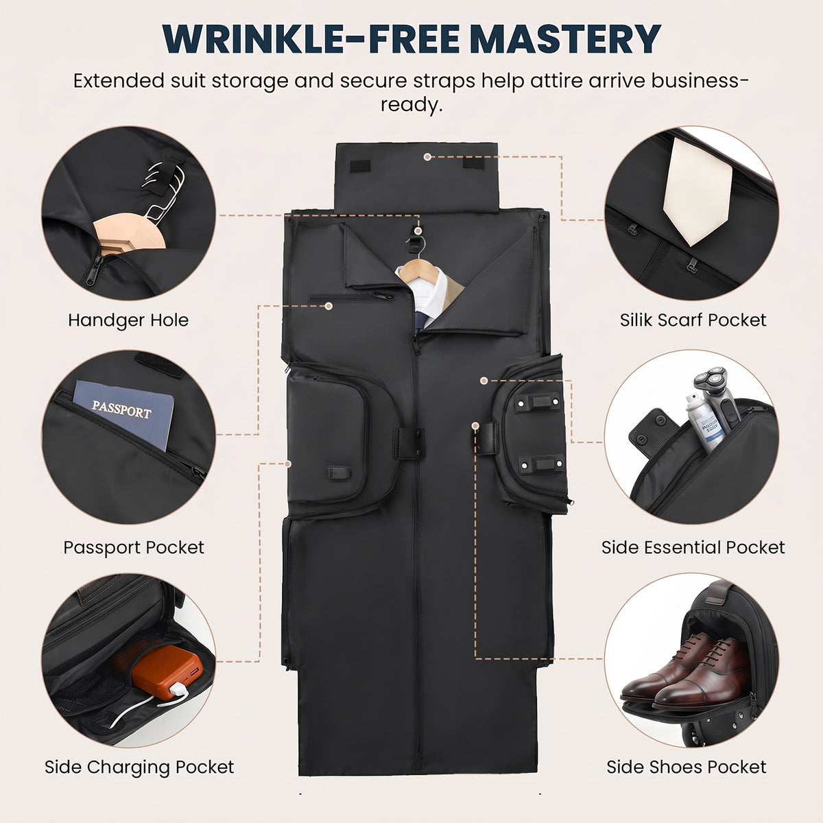 3-in-1 Rolling Garment Bag for Travel,Carry On Suit Travel Bag with Wheels,Shoe Compartment,Detachable Organizer,Wrinkle-Free Duffel Bag for Business Travel Wedding
