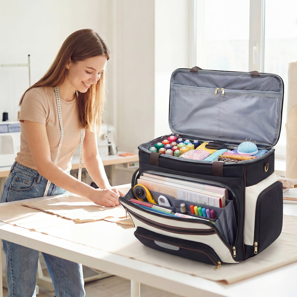 Rolling Craft Bag,Rolling Teacher Bag with Insulated Lunch Bag, Large Sewing Machine Tote & Accessory Storage, Detachable Rolling Transport Tote for Crafts, Teaching, Office, Black