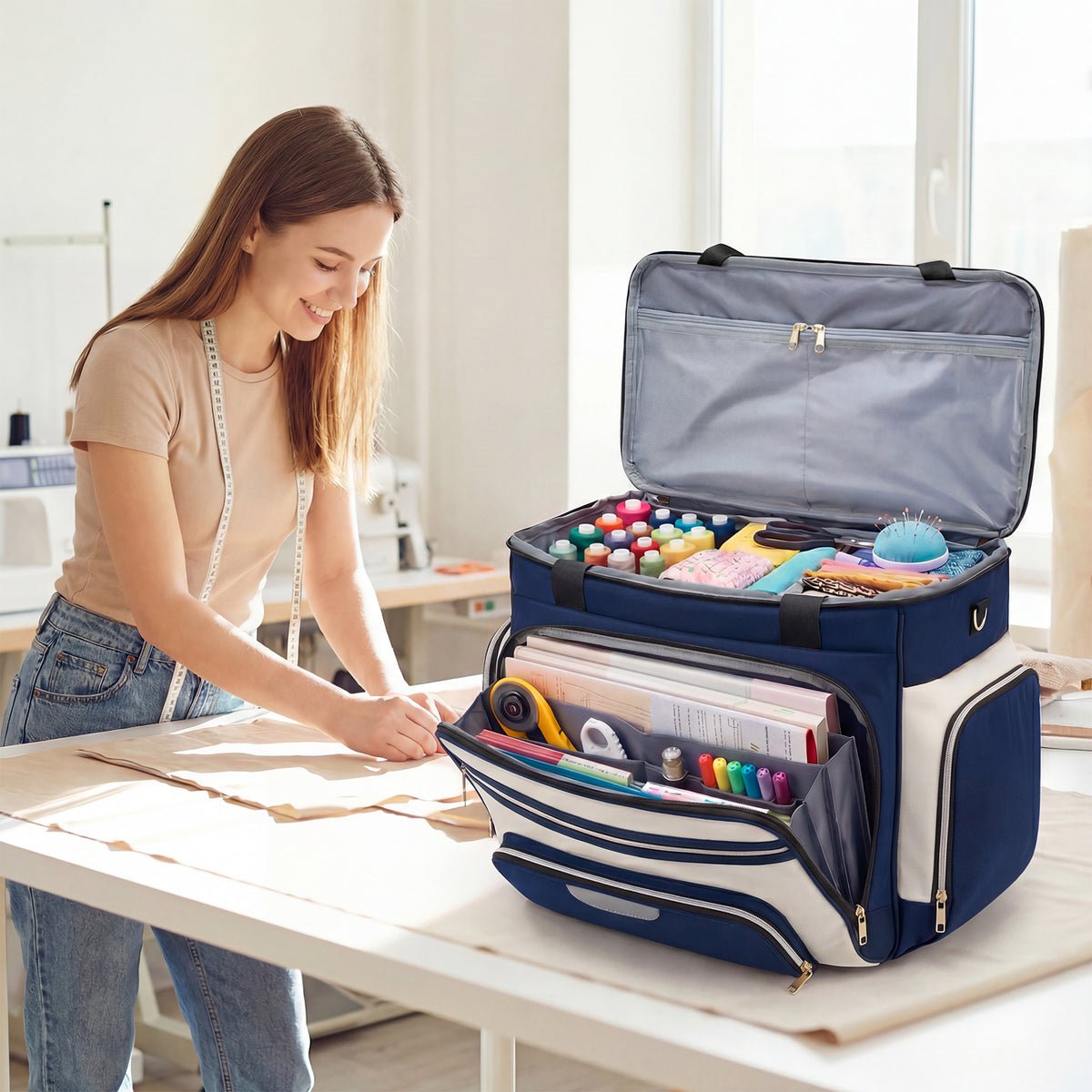 Rolling Craft Bag,Rolling Teacher Bag with Insulated Lunch Bag,Large Sewing Machine Tote & Accessory Storage,Detachable Rolling Transport Tote for Crafts,Teaching,Office