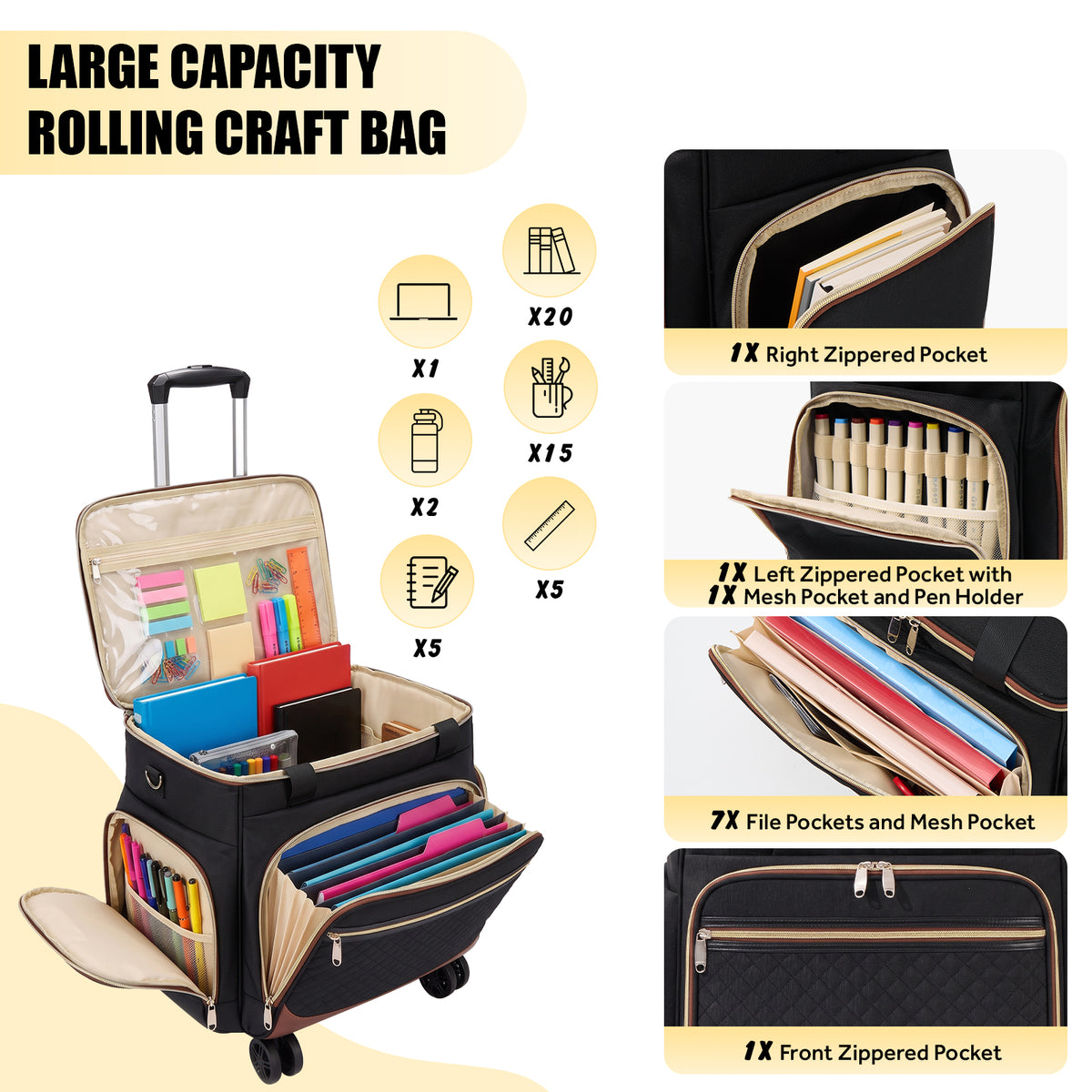 Rolling Craft Bag,Sewing Machine Tote,Large Sewing Accessories Storage with Wheels,Detachable Rolling Teacher Bag and Transport Tote for Craft,Teaching,Office