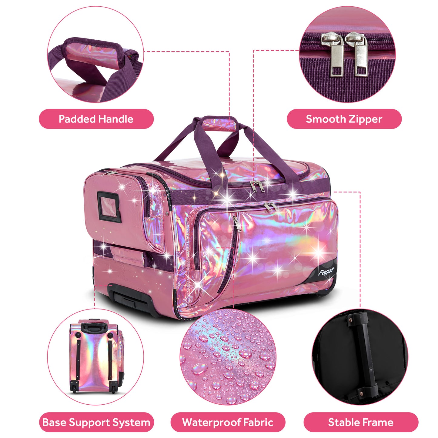 Fegat Dance Bag with Garment Rack, 23" Glittering Rolling Dance Competition Bag Prism-Glowing Waterproof Dance Duffel Bag Costume Suitcase for Dancers Performer Artist,Sparkle Purple