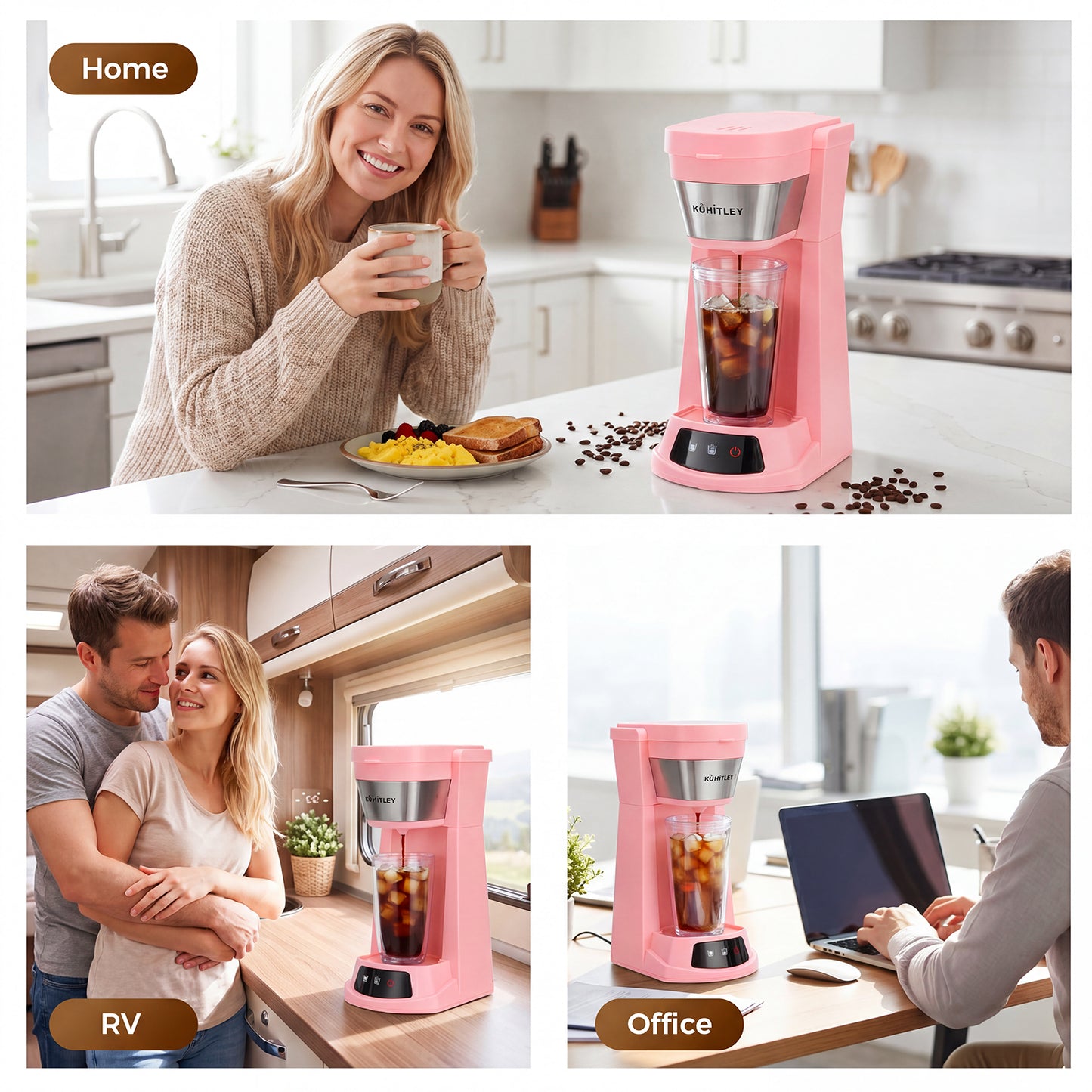 Kuhitley Single Serve Coffee Maker for Grounds,14oz Hot & Iced Coffee Brewer with 420ml Water Cup,700W Compact Machine with Reusable Mesh Filter,One Cup Coffee Maker for Home