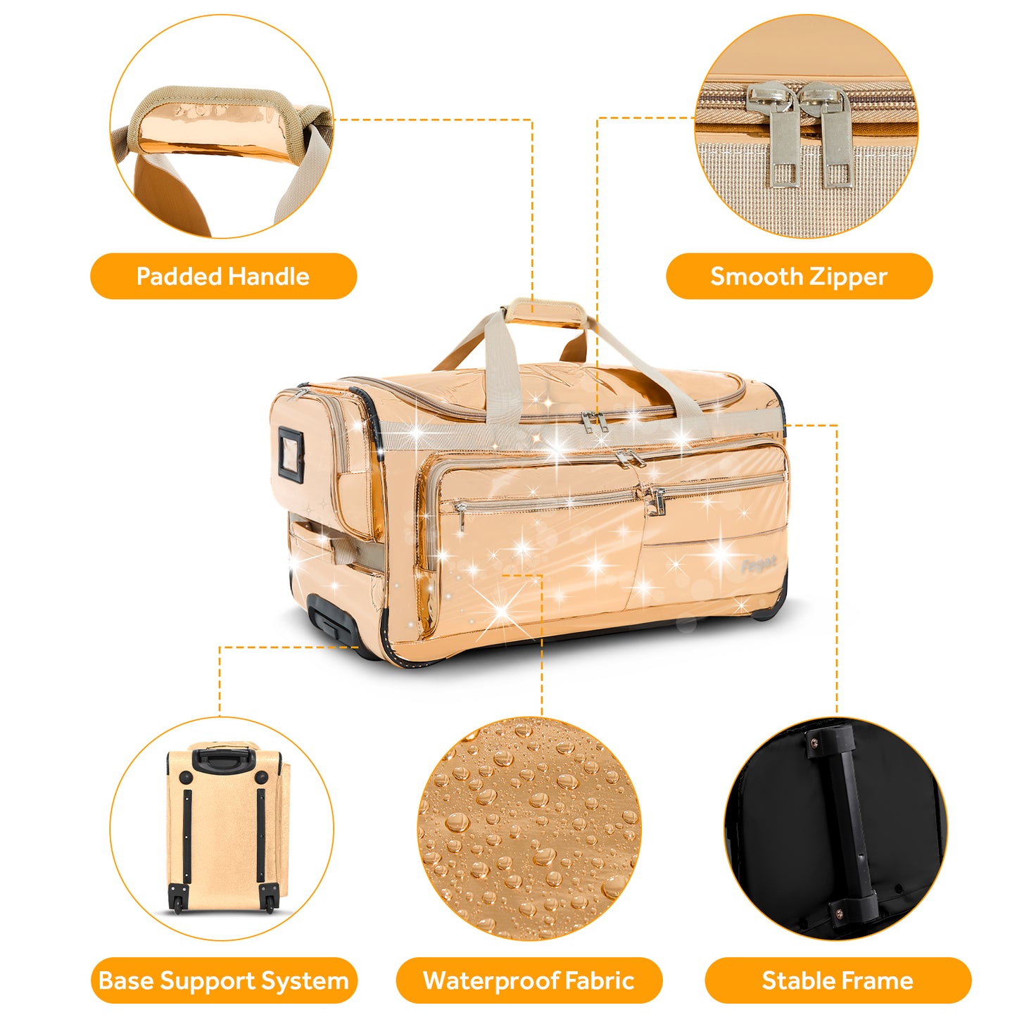 Fegat 28" Dance Bag with Garment Rack,Upgraded Glitter Rolling Competition Dance Duffel Bag Waterproof Costume Travel Bag Costume Suitcase for Dancer Performer Athletes,Gold