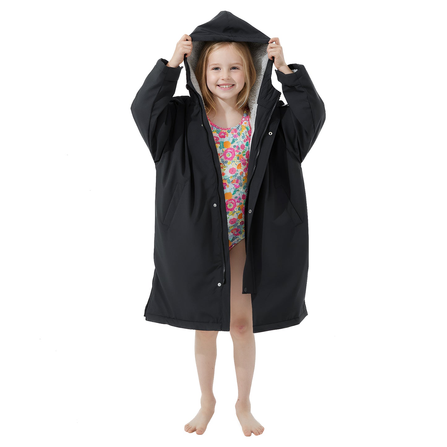 Lobmouse Unisex Swim Parka,Sherpa Fleece Lined Warm Coat,Windproof Waterproof Quick-dry Hooded Swim Jacket,Oversize Surf Poncho Changing Robe Parka for Adult & Kids