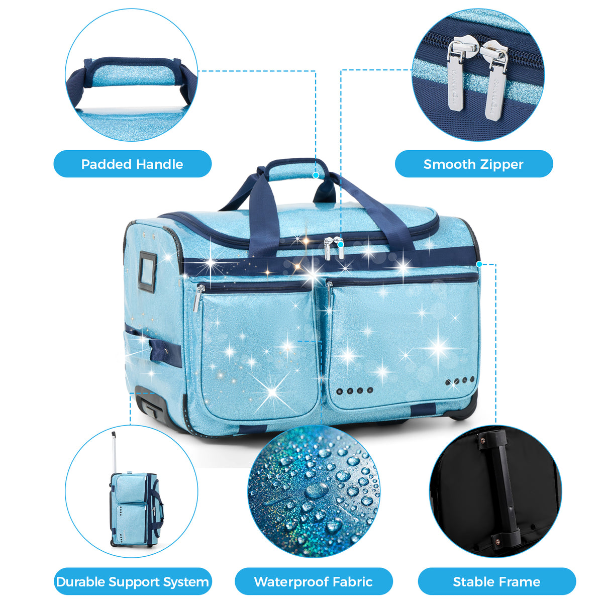 Fegat Dance Bag with Garment Rack, 23" Glittering Rolling Dance Competition Bag Prism-Glowing Waterproof Dance Duffel Bag Costume Suitcase for Dancers Performer Artist,Sparkle Blue