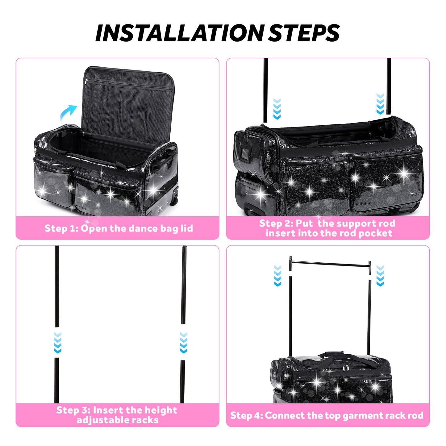Fegat 28" Dance Bag with Garment Rack,Upgraded Collapsible Glittering Rolling Competition Dance Duffle Bag Lightweight Wear-Resistant Costume Wheeled Suitcase for Dancers Shows,Black