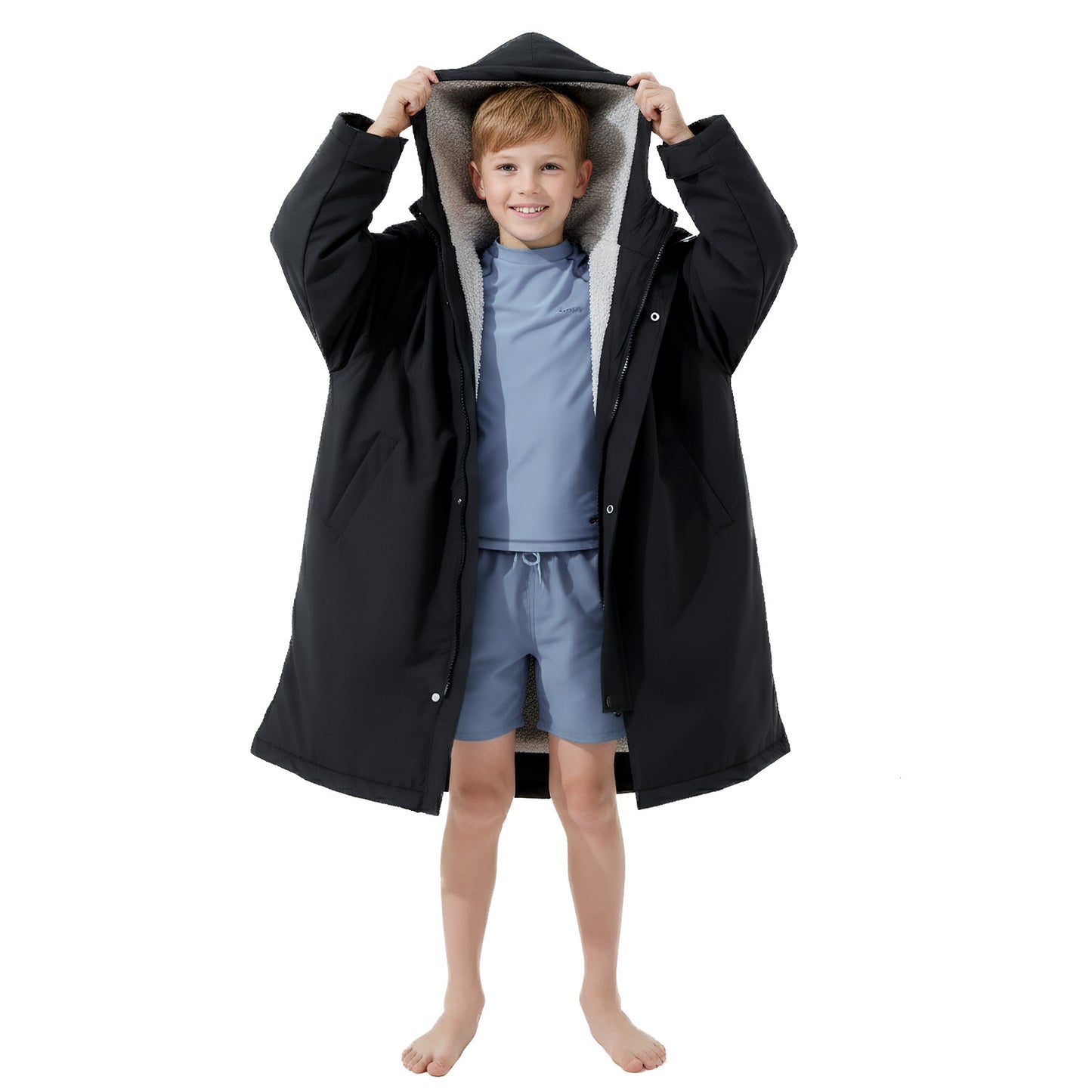 Lobmouse Unisex Swim Parka,Sherpa Fleece Lined Warm Coat,Windproof Waterproof Quick-dry Hooded Swim Jacket,Oversize Surf Poncho Changing Robe Parka for Adult & Kids