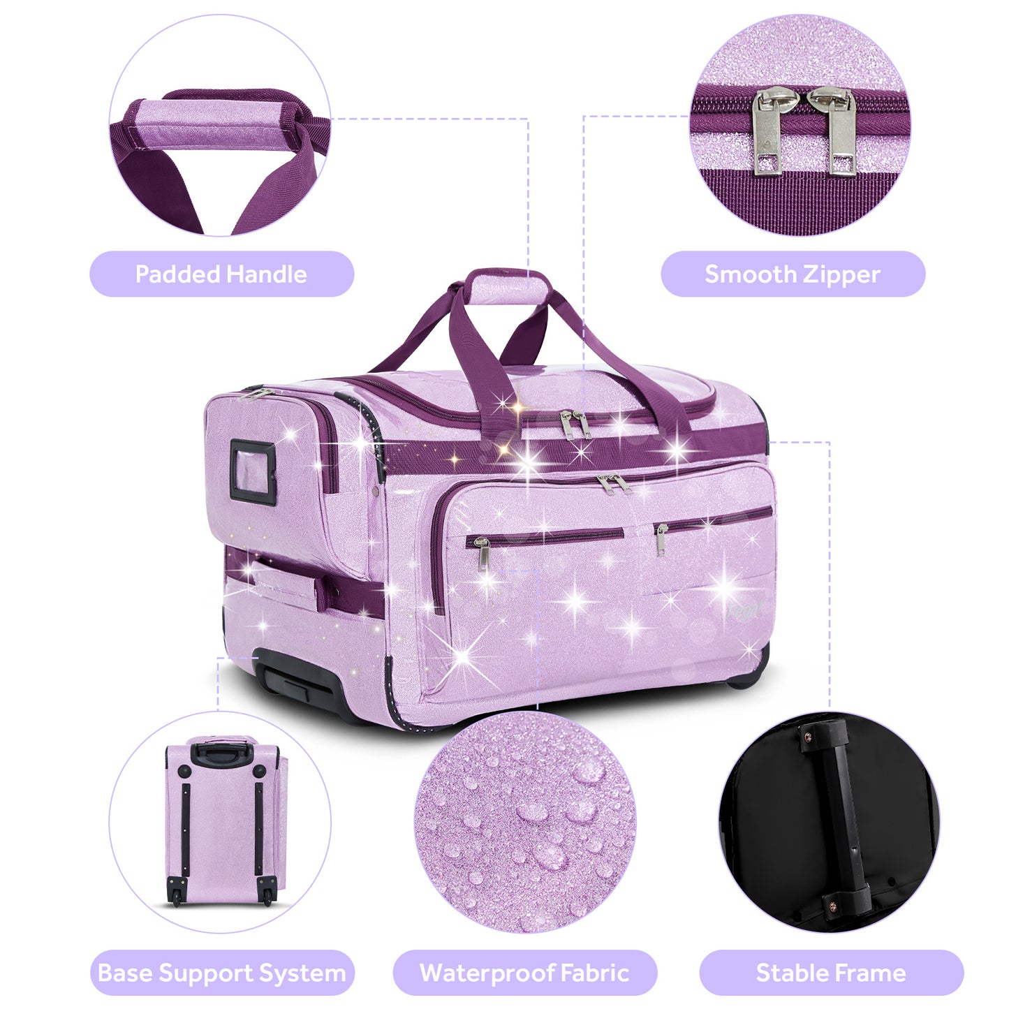Fegat Dance Bag with Garment Rack,23"Glitter Bright Rolling Dance Duffel Bag Lightweight Competition Bag Costume Suitcase for Dancers Performer Artist, Shine Glitter Purple