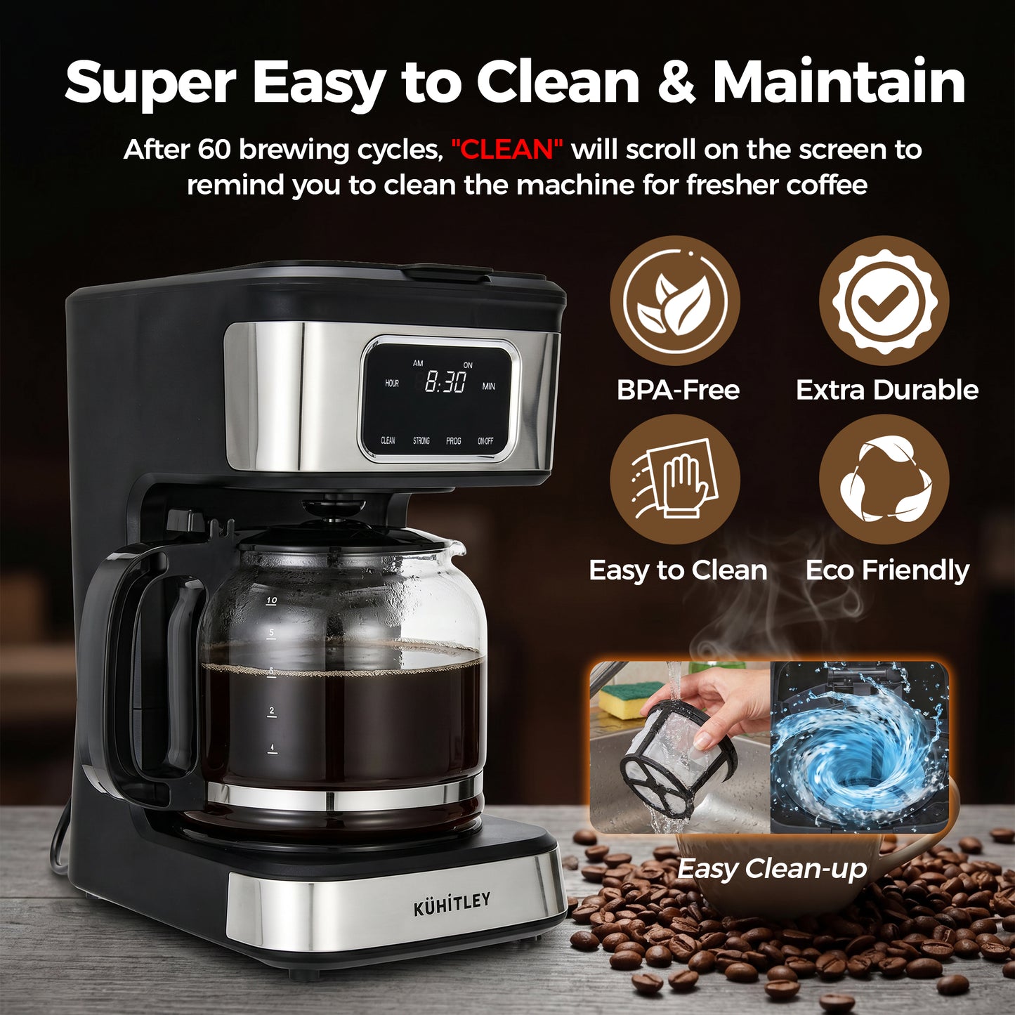 Kuhitley 12 Cup Drip Coffee Maker, 950W Automatic Coffee Machine with Programmable Timer, Strong Brew, 2-Hour Keep Warm & Auto Shut Off, 1.8L for Home Kitchen Daily Use,Black，CM-135ES2