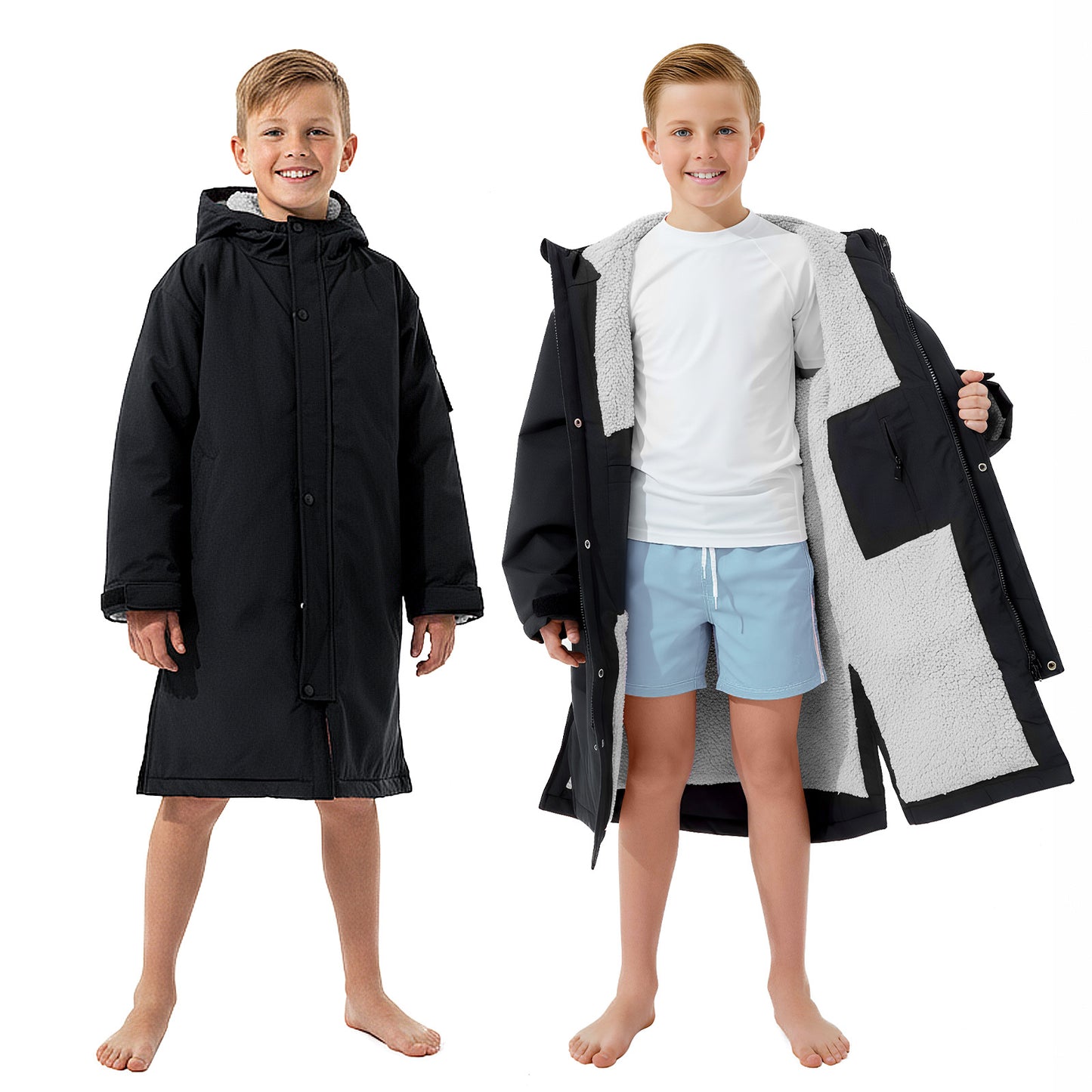 Lobmouse Unisex Swim Parka,Sherpa Fleece Lined Warm Coat,Windproof Waterproof Quick-dry Hooded Swim Jacket,Oversize Surf Poncho Changing Robe Parka for Adult & Kids