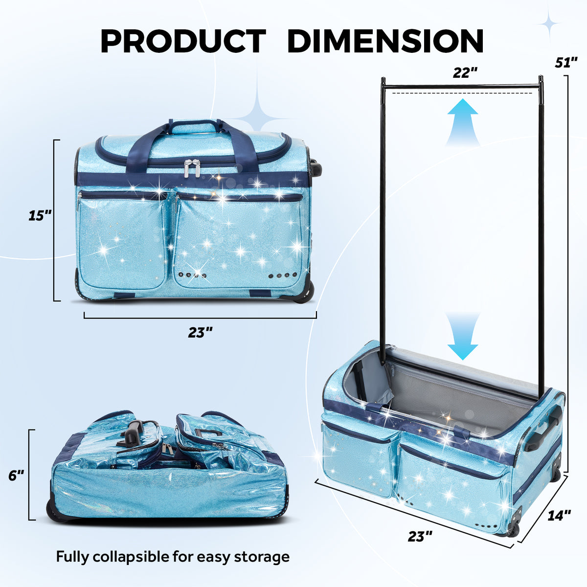 Fegat Dance Bag with Garment Rack, 23" Glittering Rolling Dance Competition Bag Prism-Glowing Waterproof Dance Duffel Bag Costume Suitcase for Dancers Performer Artist,Sparkle Blue