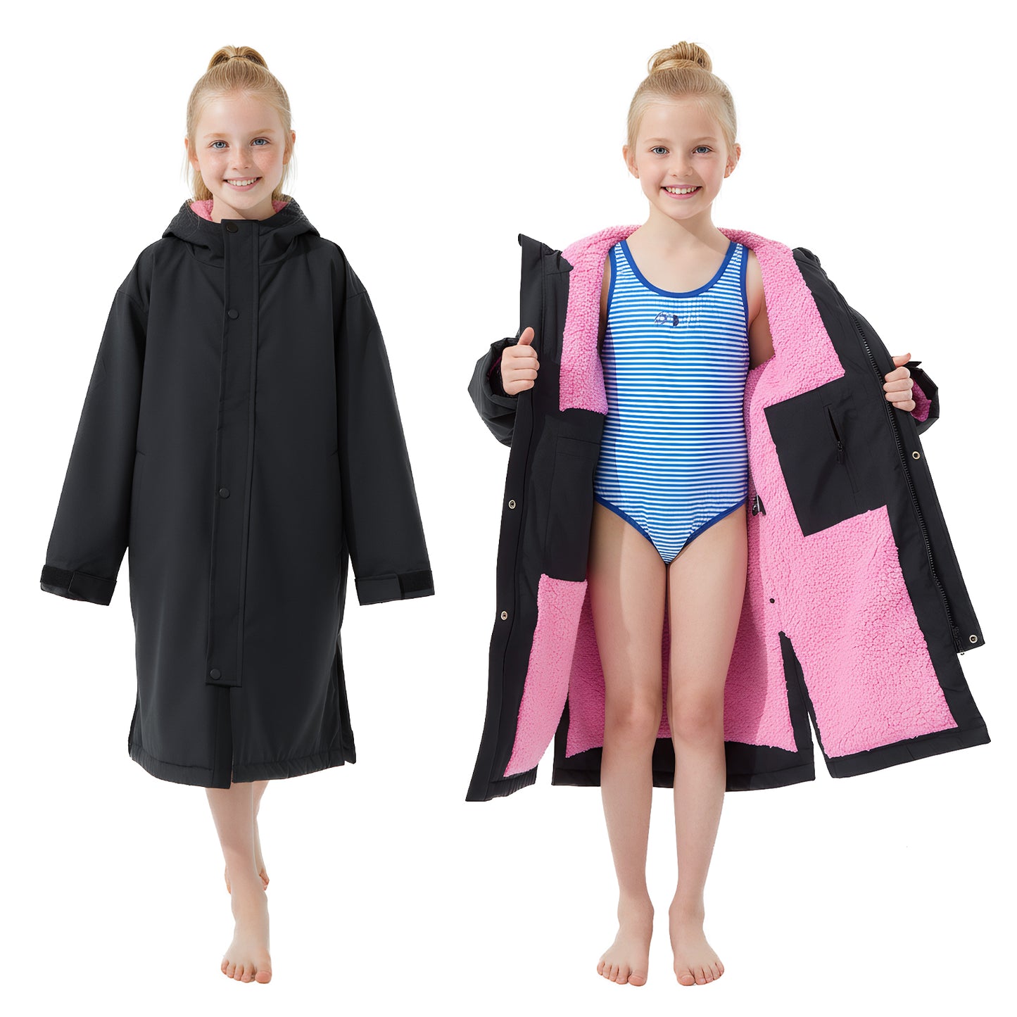 Lobmouse Unisex Swim Parka,Sherpa Fleece Lined Warm Coat,Windproof Waterproof Quick-dry Hooded Swim Jacket,Oversize Surf Poncho Changing Robe Parka for Adult & Kids