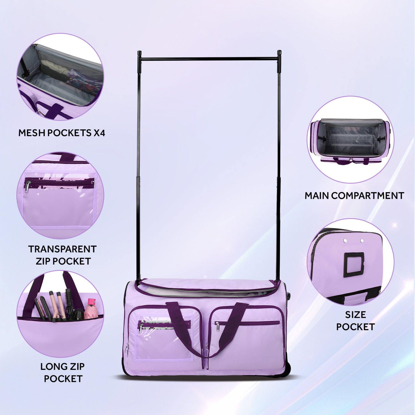 Fegat Dance Bag with Garment Rack - 28"Collapsible Rolling Competition Dance Duffle Bag Lightweight Costume Wheeled Suitcase for Dancers Shows Livestreamer Athletes,Purple