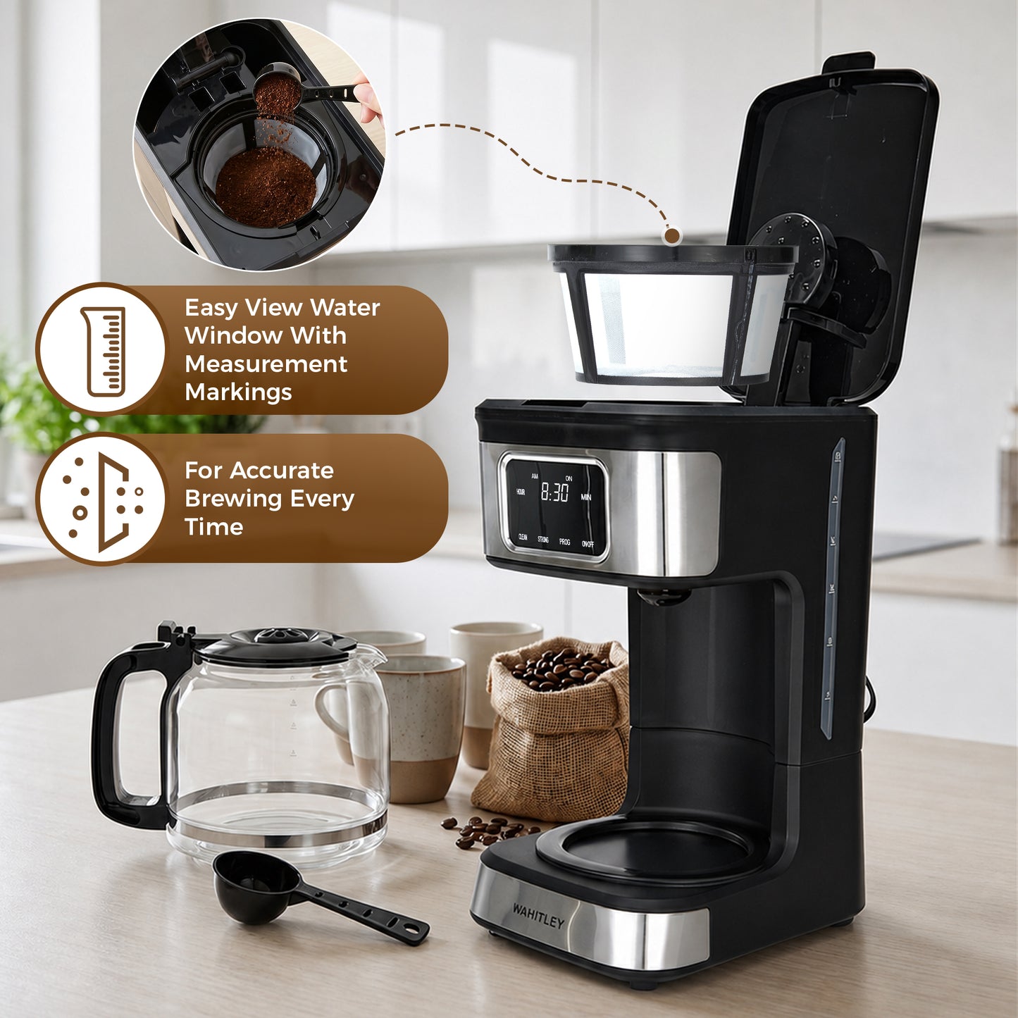 Kuhitley 12 Cup Drip Coffee Maker, 950W Automatic Coffee Machine with Programmable Timer, Strong Brew, 2-Hour Keep Warm & Auto Shut Off, 1.8L for Home Kitchen Daily Use,Black，CM-135ES2