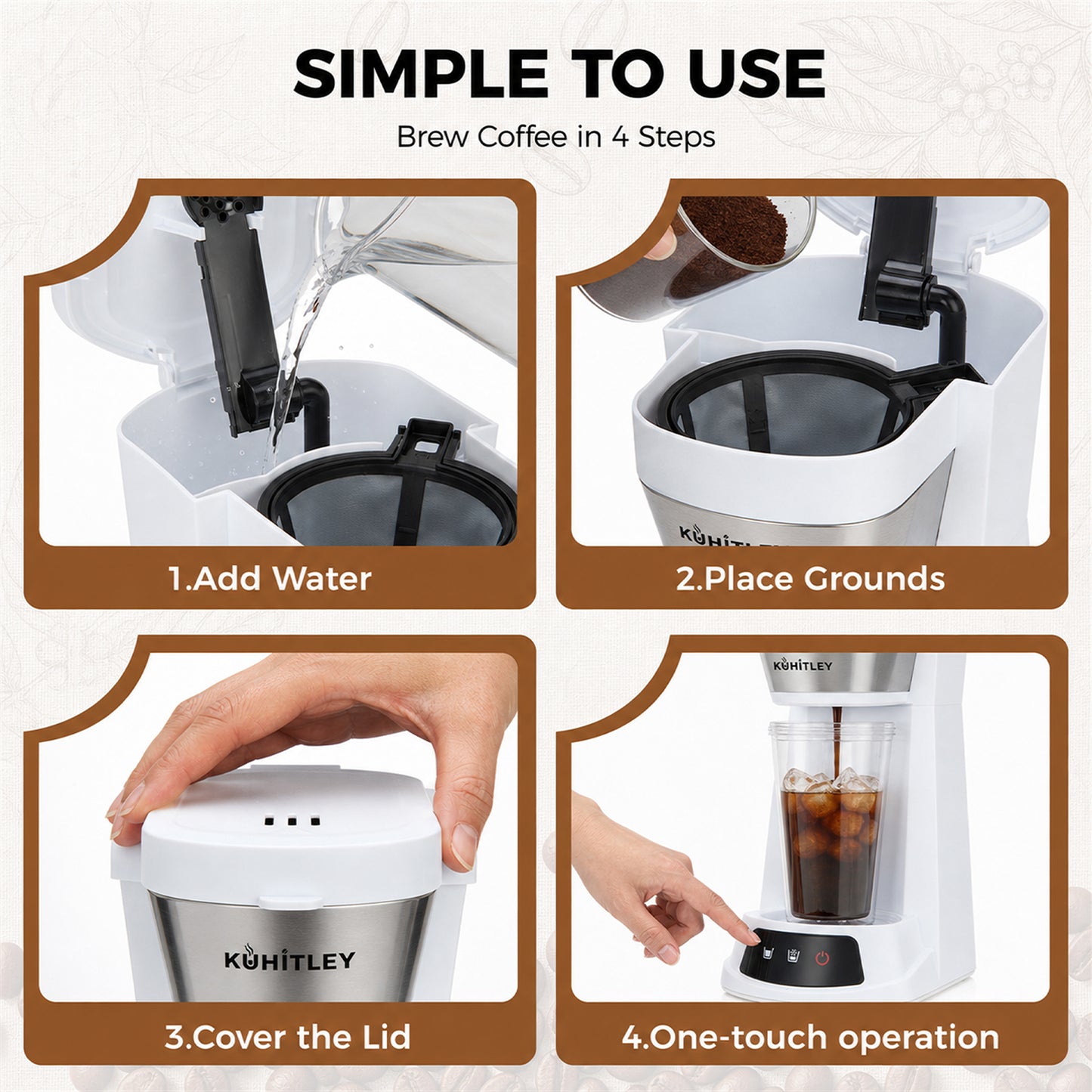 Kuhitley Single Serve Coffee Maker for Grounds,14oz Hot & Iced Coffee Brewer with 420ml Water Cup,700W Compact Machine with Reusable Mesh Filter,One Cup Coffee Maker for Home