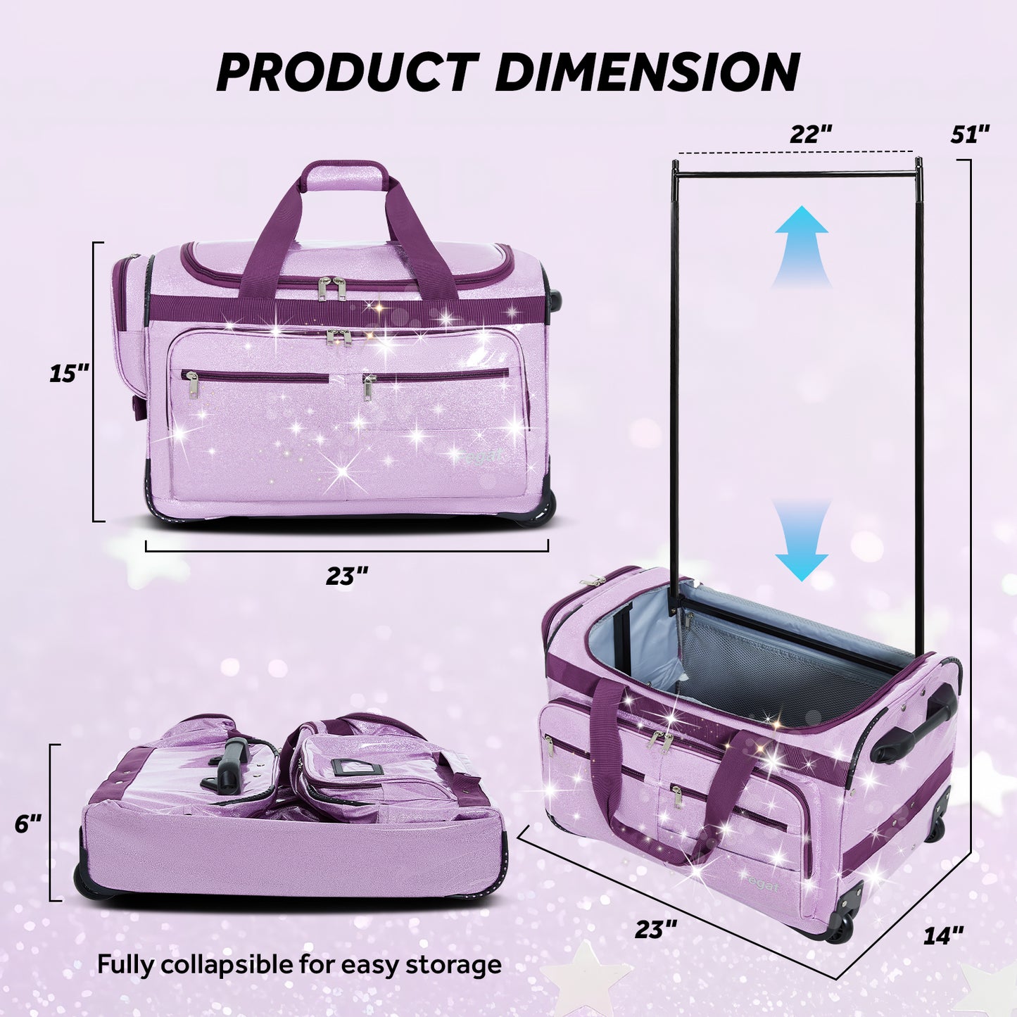 Fegat Dance Bag with Garment Rack,23"Glitter Bright Rolling Dance Duffel Bag Lightweight Competition Bag Costume Suitcase for Dancers Performer Artist, Shine Glitter Purple