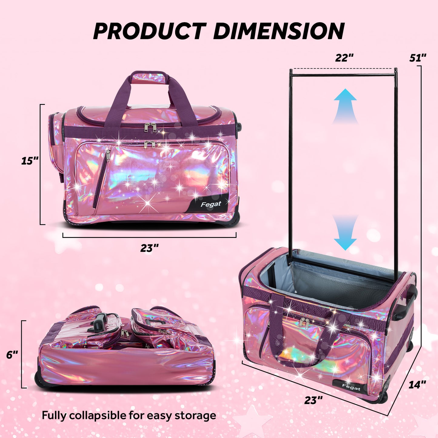 Fegat Dance Bag with Garment Rack, 23" Glittering Rolling Dance Competition Bag Prism-Glowing Waterproof Dance Duffel Bag Costume Suitcase for Dancers Performer Artist,Sparkle Purple