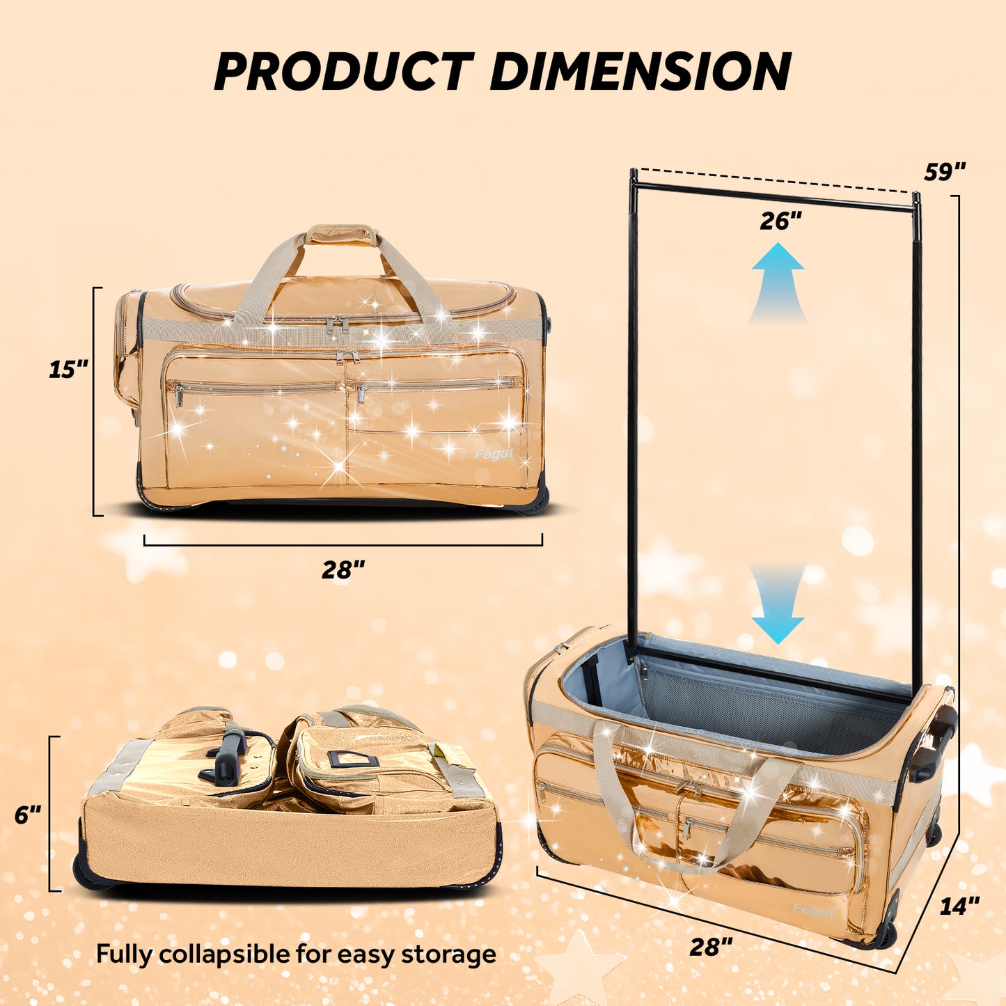 Fegat 28" Dance Bag with Garment Rack,Upgraded Glitter Rolling Competition Dance Duffel Bag Waterproof Costume Travel Bag Costume Suitcase for Dancer Performer Athletes,Gold