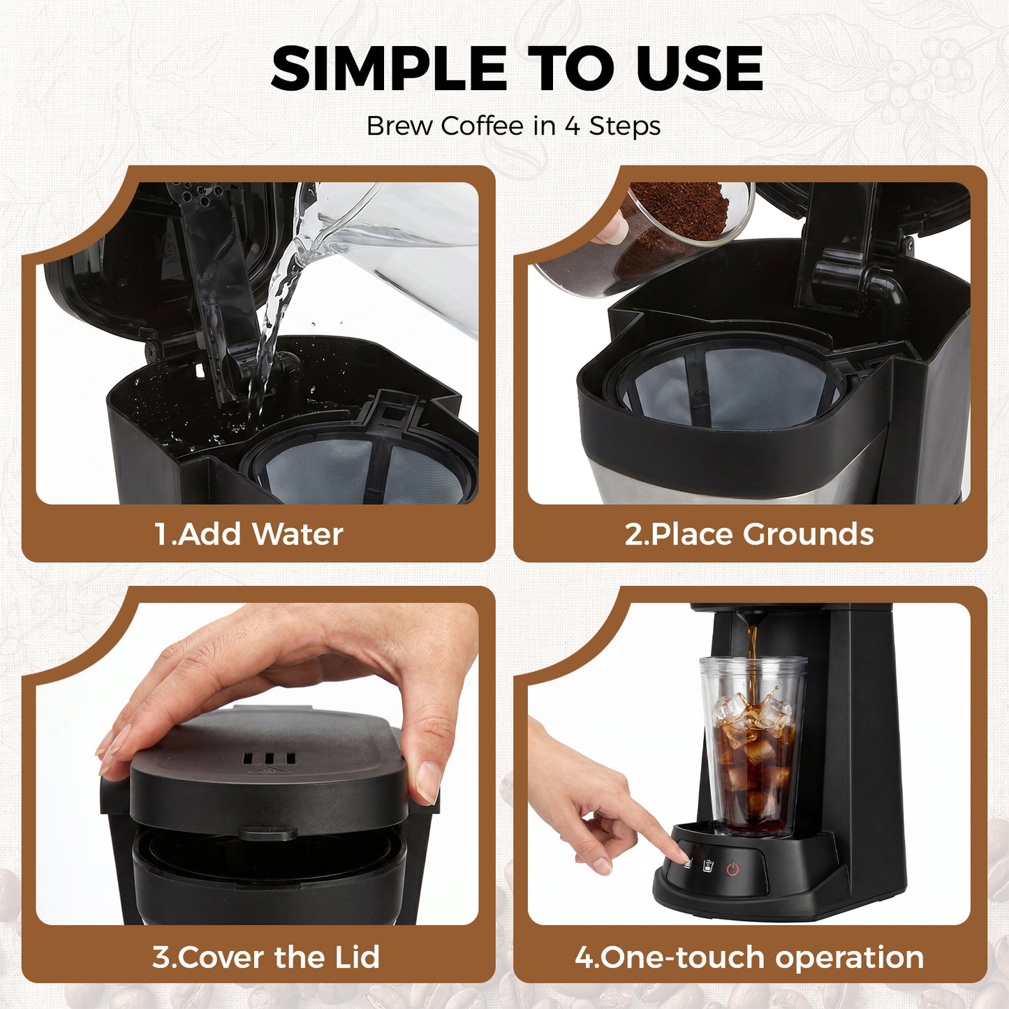 Kuhitley Single Serve Coffee Maker for Grounds,14oz Hot & Iced Coffee Brewer with 420ml Water Cup,700W Compact Machine with Reusable Mesh Filter,One Cup Coffee Maker for Home