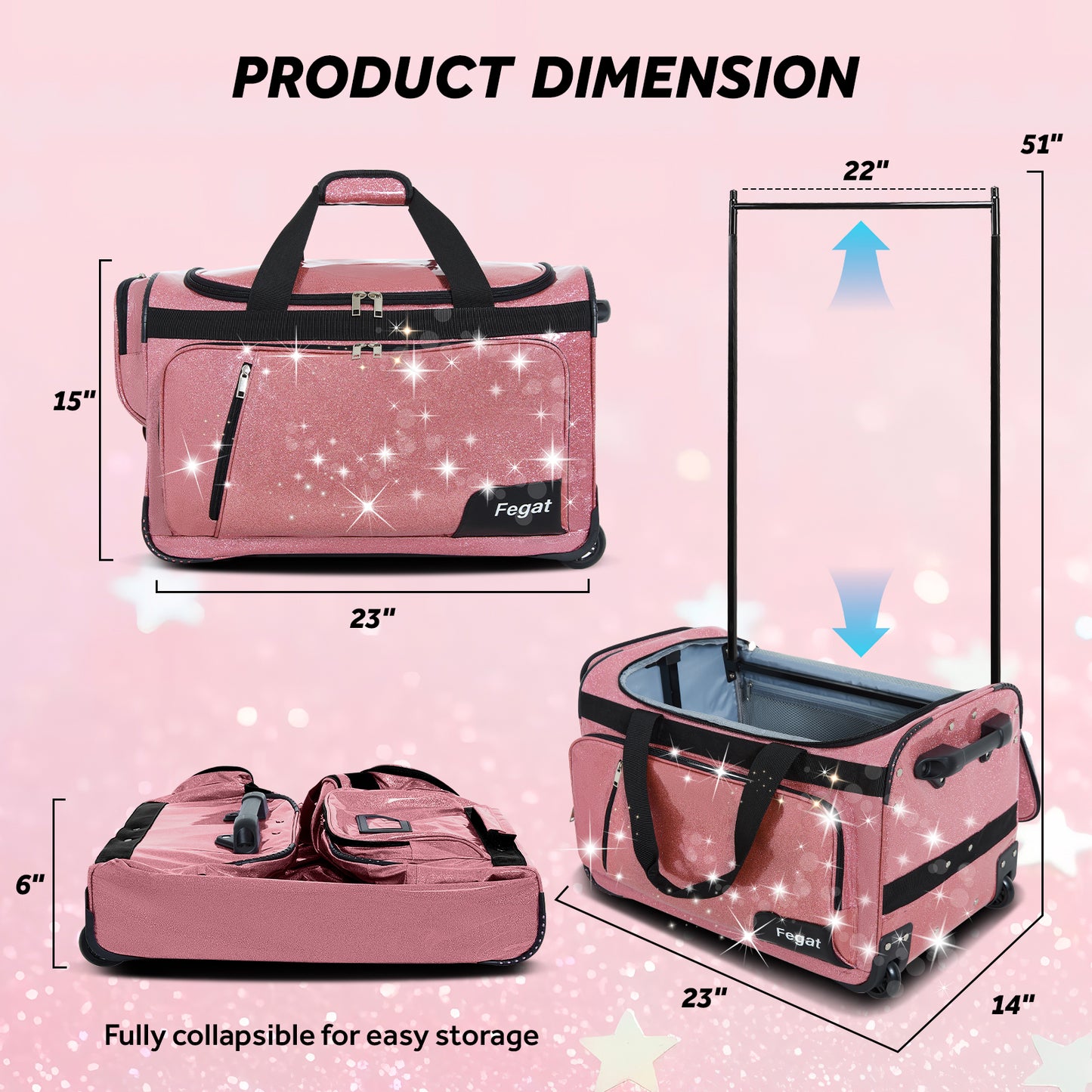 Fegat Dance Bag with Garment Rack-23"Glittering Rolling Competition Dance Travel Duffel Bag Lightweight Dance Bags for Cheerleader Dancers Athletes