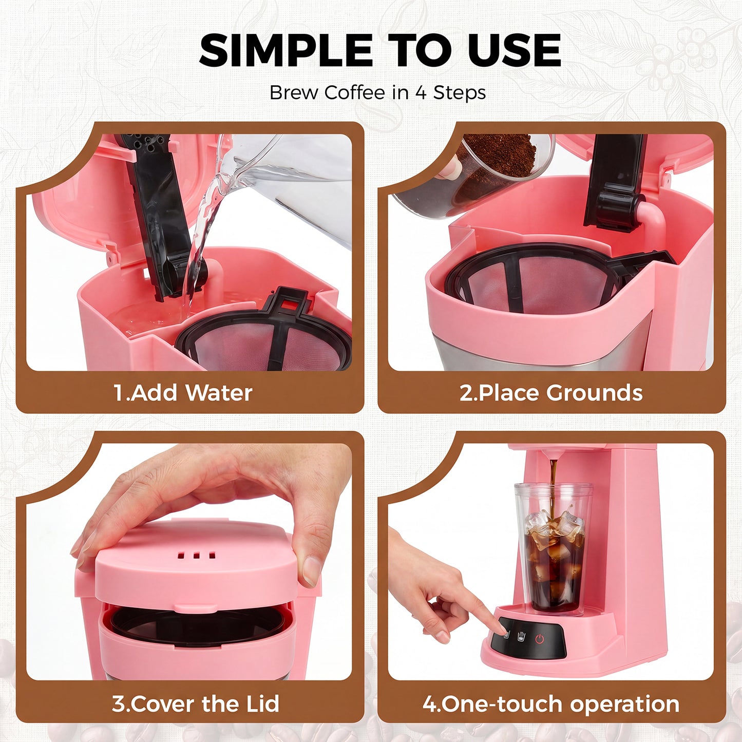 Kuhitley Single Serve Coffee Maker for Grounds,14oz Hot & Iced Coffee Brewer with 420ml Water Cup,700W Compact Machine with Reusable Mesh Filter,One Cup Coffee Maker for Home