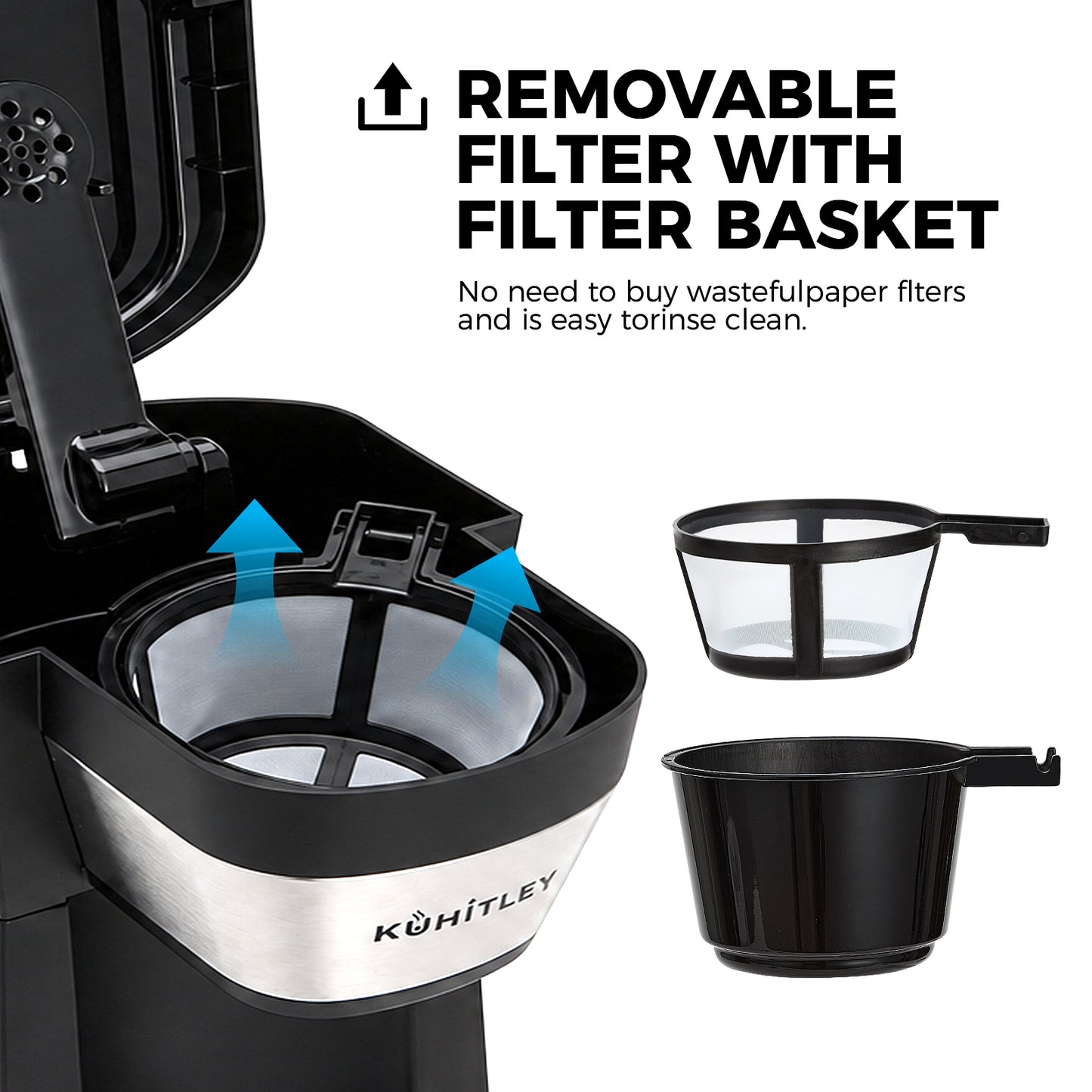 Kuhitley Single Serve Coffee Maker for Grounds,14oz Hot & Iced Coffee Brewer with 420ml Water Cup,700W Compact Machine with Reusable Mesh Filter,One Cup Coffee Maker for Home