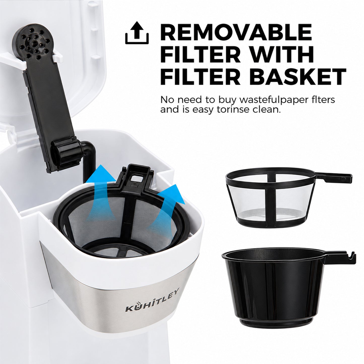 Kuhitley Single Serve Coffee Maker for Grounds,14oz Hot & Iced Coffee Brewer with 420ml Water Cup,700W Compact Machine with Reusable Mesh Filter,One Cup Coffee Maker for Home