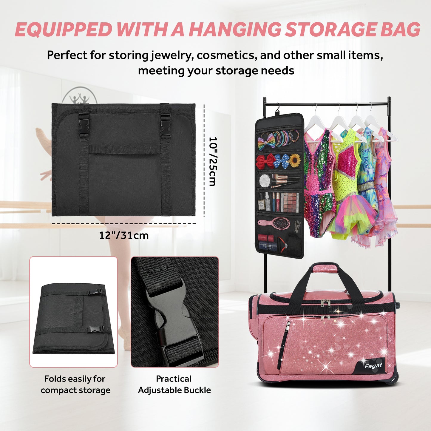 Fegat Dance Bag with Garment Rack-23"Glittering Rolling Competition Dance Travel Duffel Bag Lightweight Dance Bags for Cheerleader Dancers Athletes