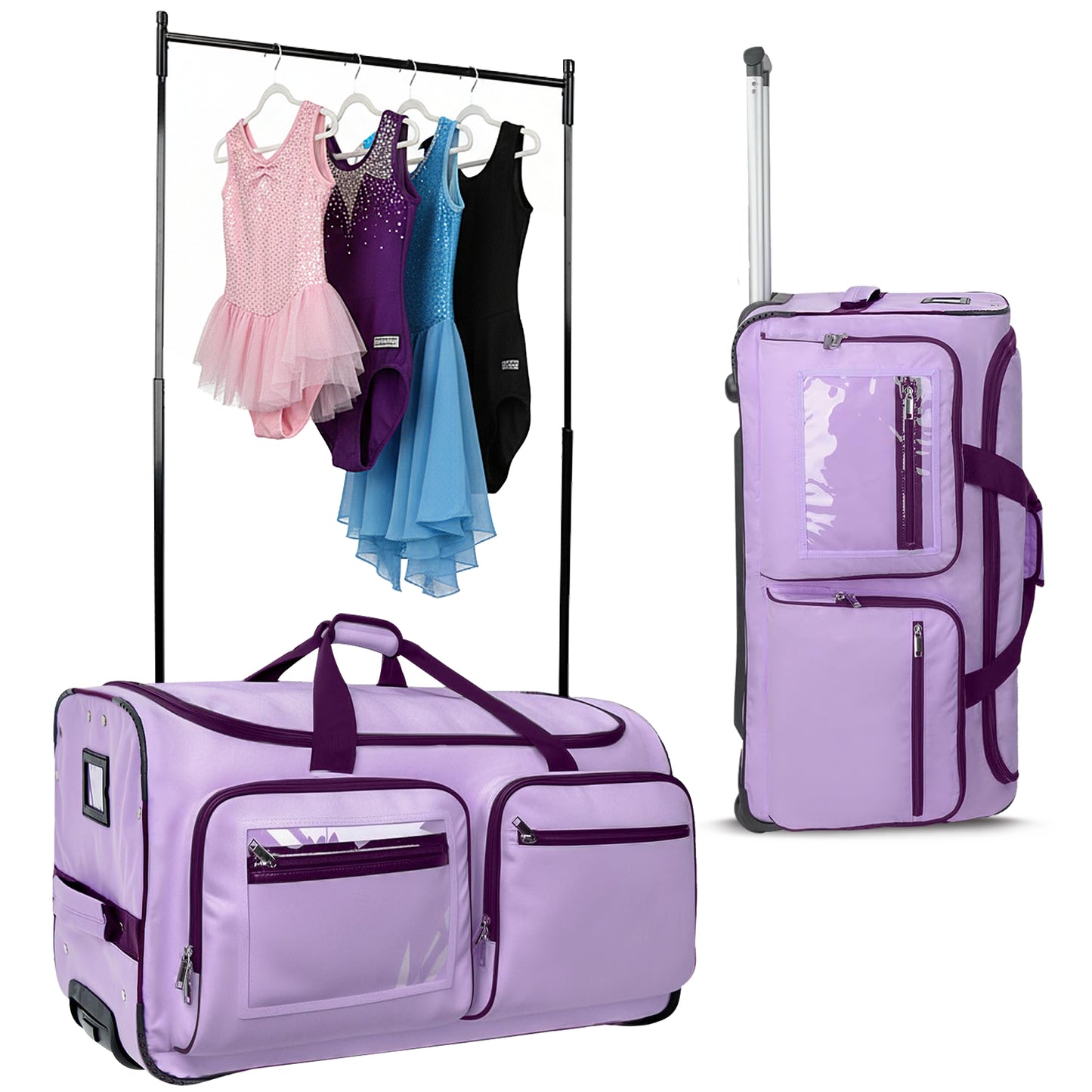 Fegat Dance Bag with Garment Rack - 28"Collapsible Rolling Competition Dance Duffle Bag Lightweight Costume Wheeled Suitcase for Dancers Shows Livestreamer Athletes,Purple