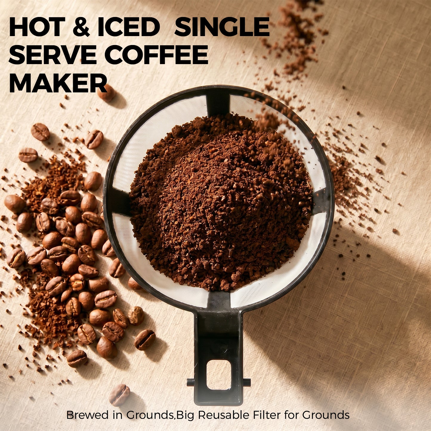 Kuhitley Single Serve Coffee Maker for Grounds,14oz Hot & Iced Coffee Brewer with 420ml Water Cup,700W Compact Machine with Reusable Mesh Filter,One Cup Coffee Maker for Home