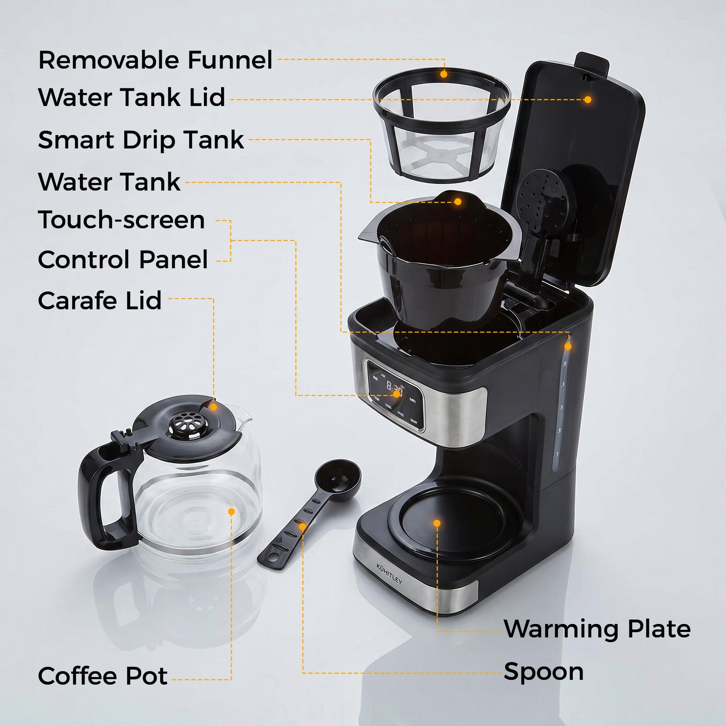Kuhitley 12 Cup Drip Coffee Maker, 950W Automatic Coffee Machine with Programmable Timer, Strong Brew, 2-Hour Keep Warm & Auto Shut Off, 1.8L for Home Kitchen Daily Use,Black，CM-135ES2