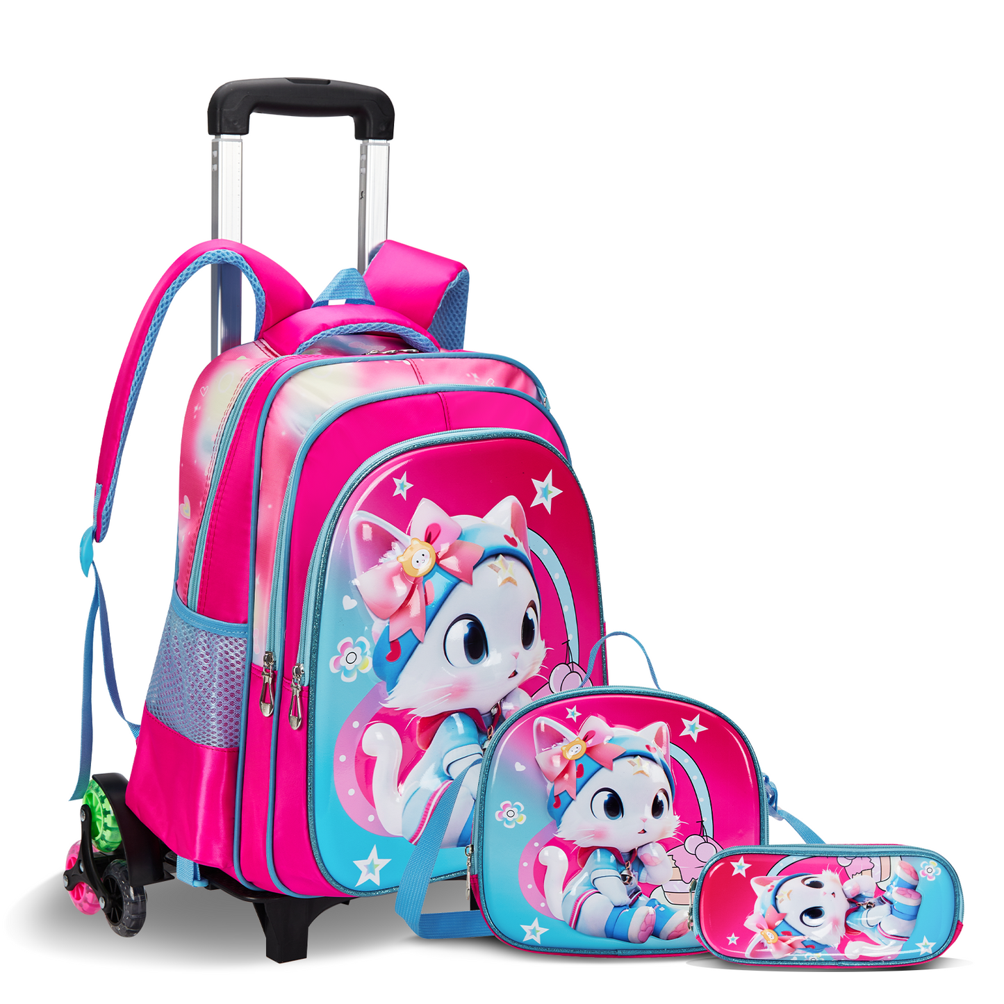 IvyH Rolling Backpack 3pcs Wheeled Backpack Lightweight Waterproof Bag Set with Lunch Bag Pen Case,Rose Cat
