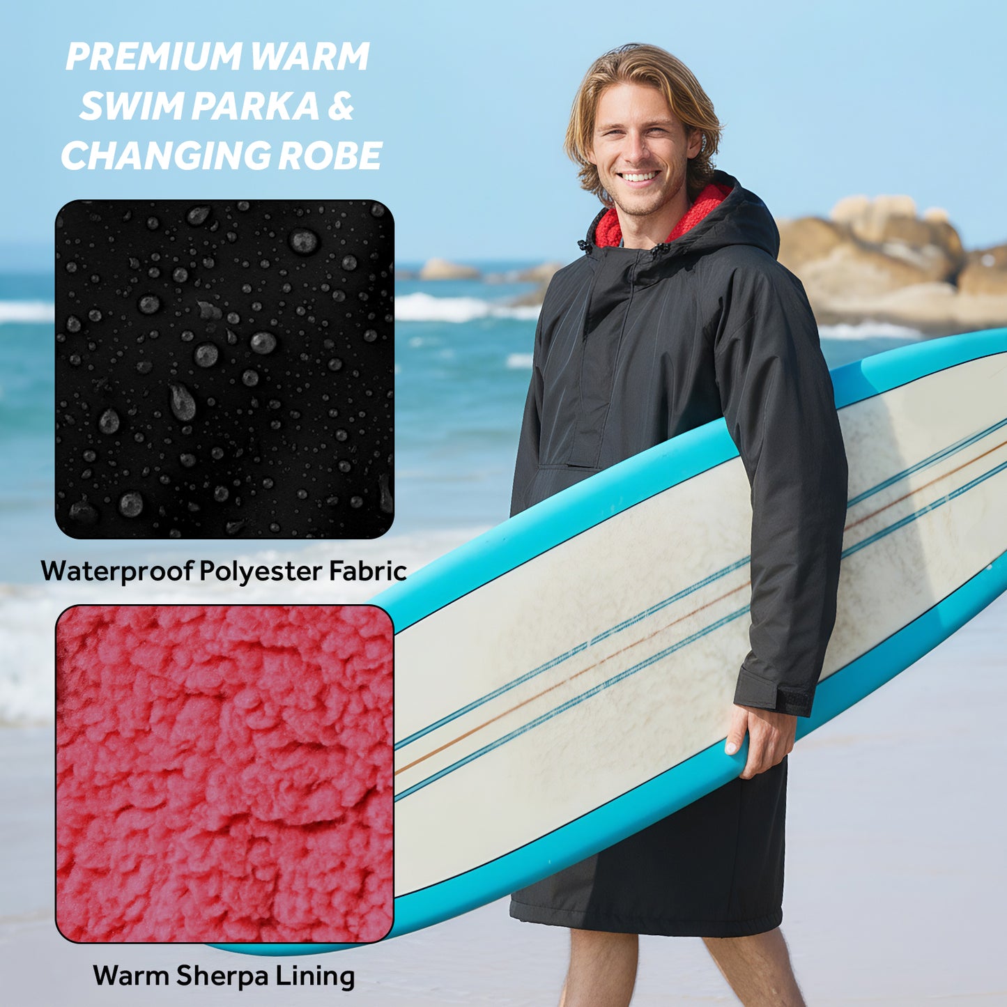 Lobmouse Swim Parka for Adult Youth and Kids,Comfort Sherpa Fleece Lining Swim Jacket,Waterproof Windproof Change Poncho Coat with Large Front Pocket for Surfing Swimming Home