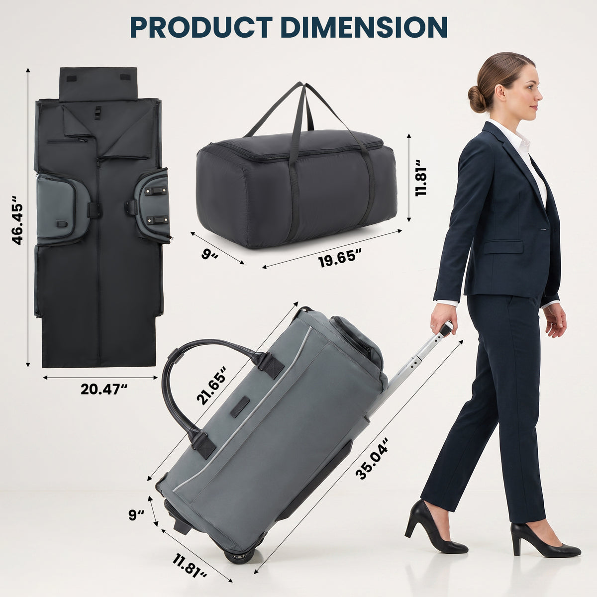 3-in-1 Rolling Garment Bag for Travel,Carry On Suit Travel Bag with Wheels,Shoe Compartment,Detachable Organizer,Wrinkle-Free Duffel Bag for Business Travel Wedding