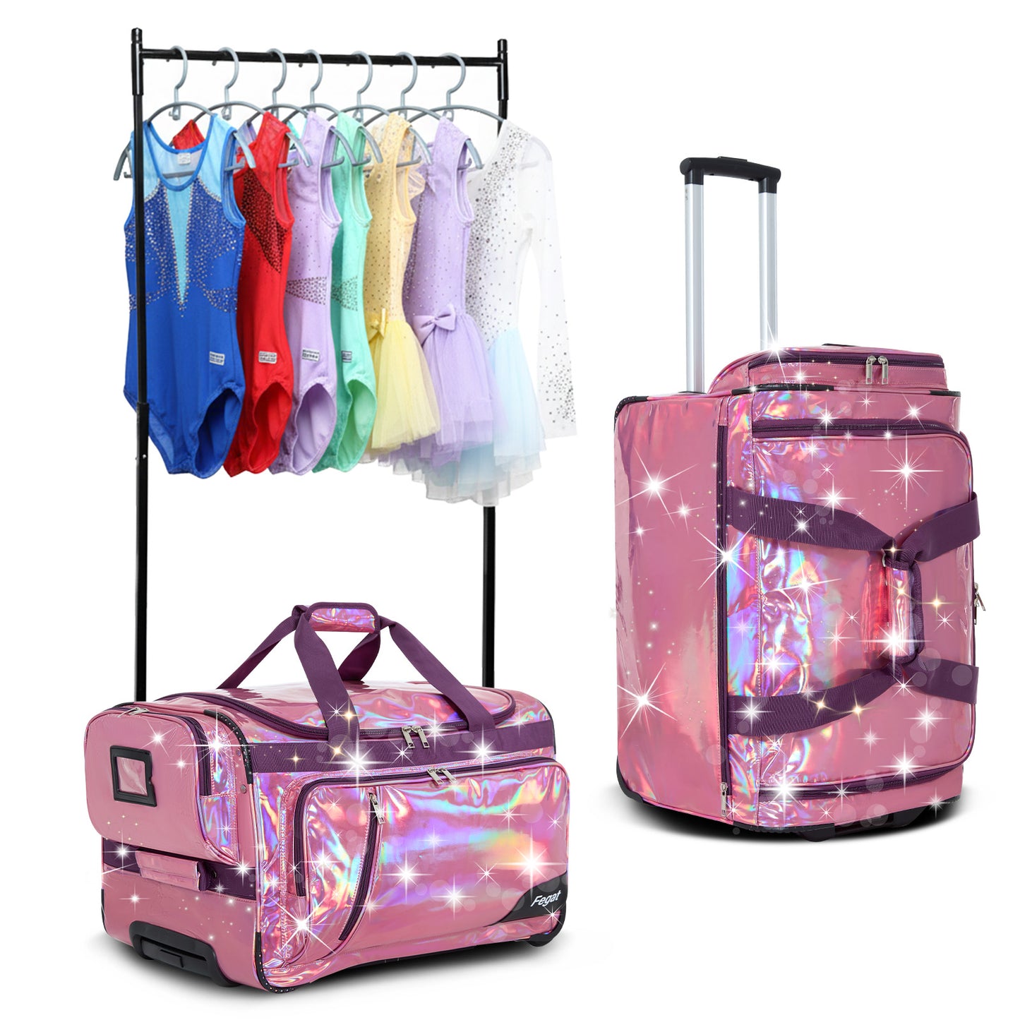 Fegat Dance Bag with Garment Rack, 23" Glittering Rolling Dance Competition Bag Prism-Glowing Waterproof Dance Duffel Bag Costume Suitcase for Dancers Performer Artist,Sparkle Purple