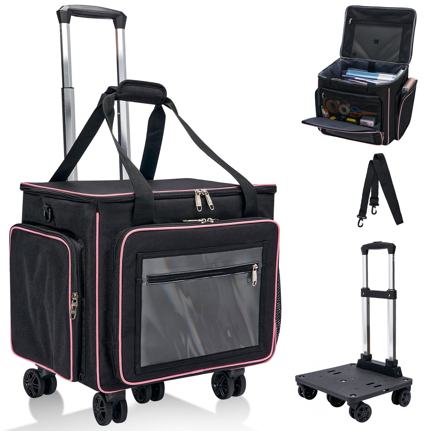 Fegat Rolling Craft Bag,Large Rolling Teacher Tote Bag with Laptop Compartment,Detachable Dolly,Roller Scrapbook Tote Bag Sewing Machine Storage Tote for Women,Craft,Teaching,Office, 5 Wheels, 17.3"