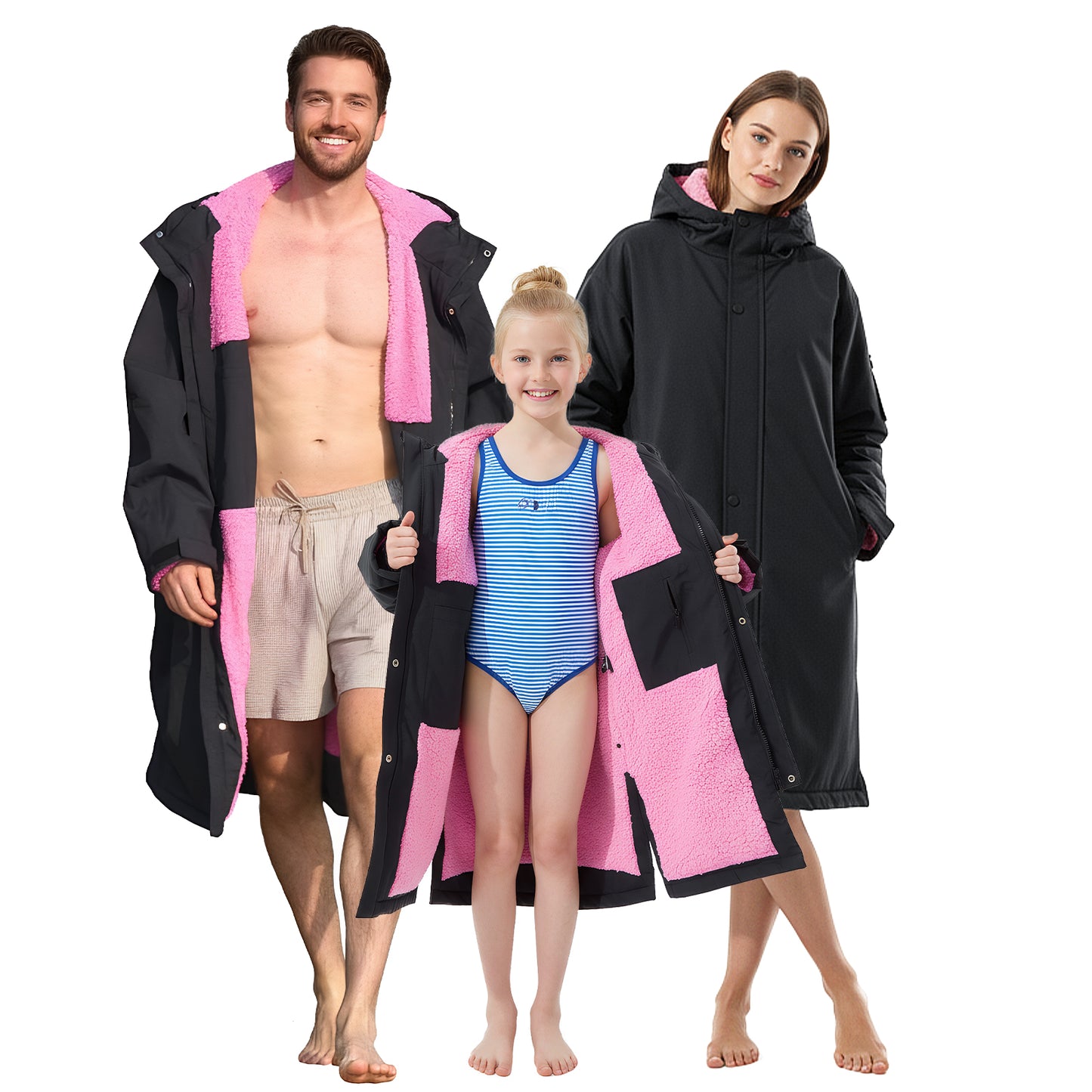 Lobmouse Unisex Swim Parka,Sherpa Fleece Lined Warm Coat,Windproof Waterproof Quick-dry Hooded Swim Jacket,Oversize Surf Poncho Changing Robe Parka for Adult & Kids