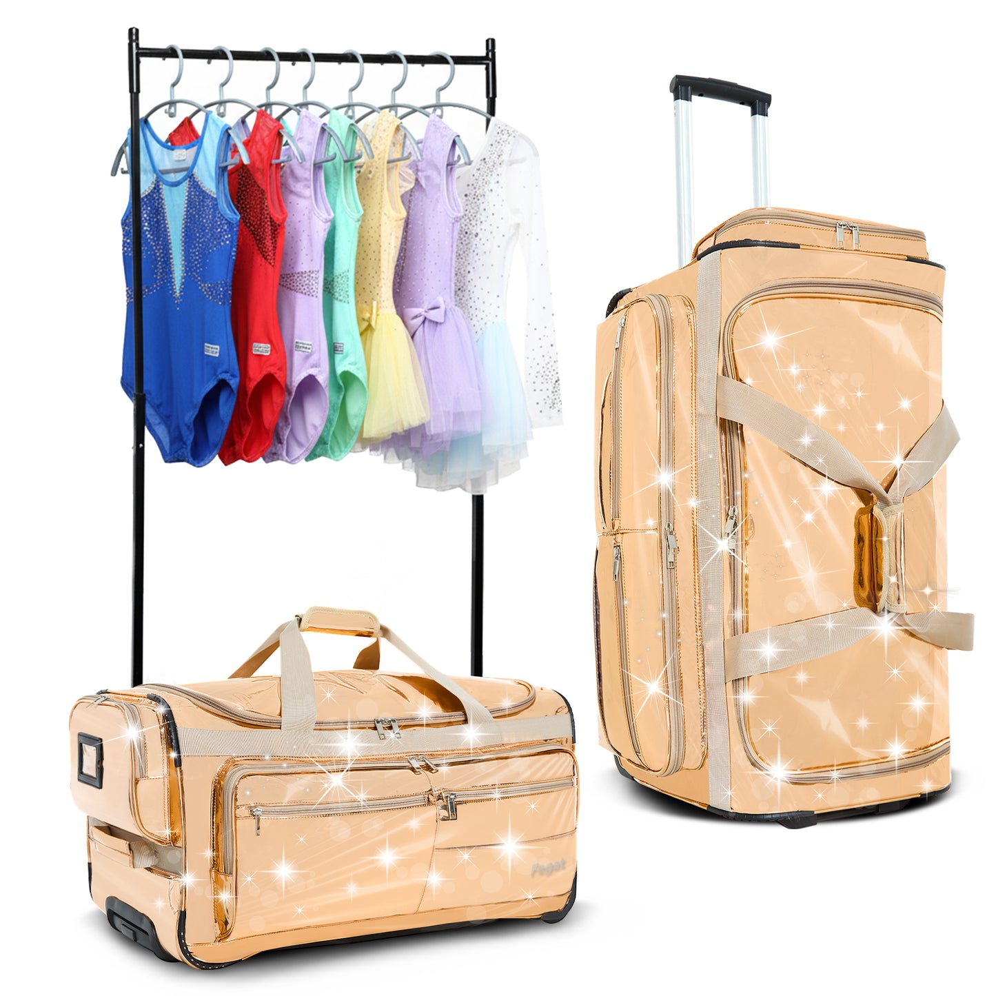 Fegat 28" Dance Bag with Garment Rack,Upgraded Glitter Rolling Competition Dance Duffel Bag Waterproof Costume Travel Bag Costume Suitcase for Dancer Performer Athletes,Gold