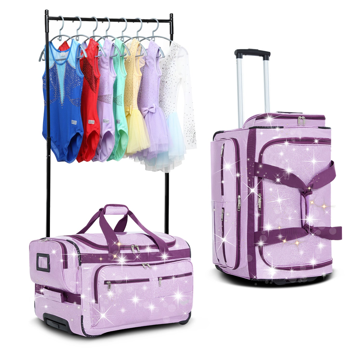 Fegat 28" Dance Bag with Garment Rack,Upgraded Glitter Rolling Competition Dance Duffel Bag Waterproof Costume Travel Bag Costume Suitcase for Dancer Performer Athletes,Gold