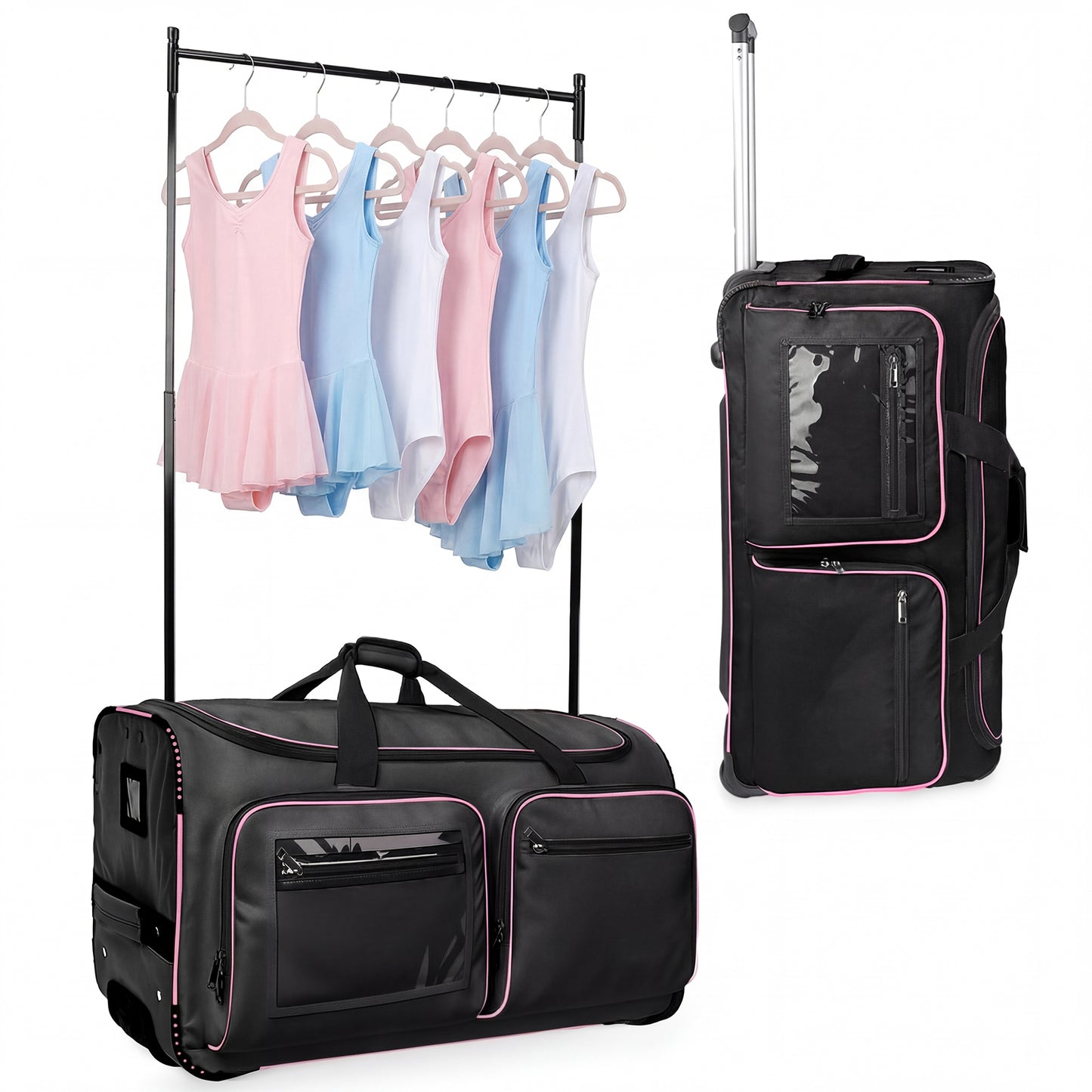 Fegat New Upgraded Dance Bag with Garment Rack,23" Lightweight Rolling Dance Duffel Bag Stable System Wheeled Costume Dance Bag for Dancers Shows Livestreamer Athletes