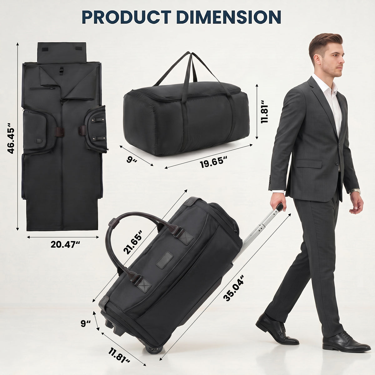 3-in-1 Rolling Garment Bag for Travel,Carry On Suit Travel Bag with Wheels,Shoe Compartment,Detachable Organizer,Wrinkle-Free Duffel Bag for Business Travel Wedding
