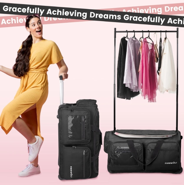 Fegat Dance Bag with Garment Rack, 23" Foldable Rolling Competition Dance Duffle Bag with Portable Clothes Changing Cover, Costume Suitcase for Dancers Shows Athletes
