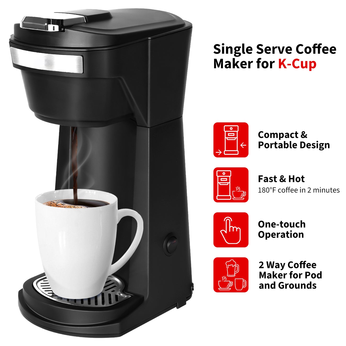 2 in 1 Single Serve Coffee Maker for K Cup Pods & Ground Coffee, Mini K Cup Coffee Machine with 6 to 14 oz Brew Sizes, Single Cup Coffee Brewer with One-Press Fast Brewing, Reusable Filters