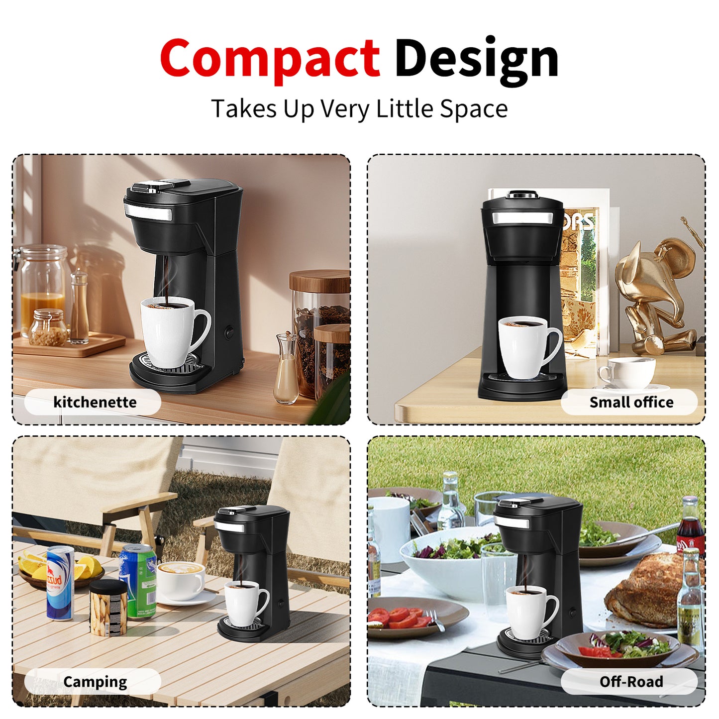 2 in 1 Single Serve Coffee Maker for K Cup Pods & Ground Coffee, Mini K Cup Coffee Machine with 6 to 14 oz Brew Sizes, Single Cup Coffee Brewer with One-Press Fast Brewing, Reusable Filters