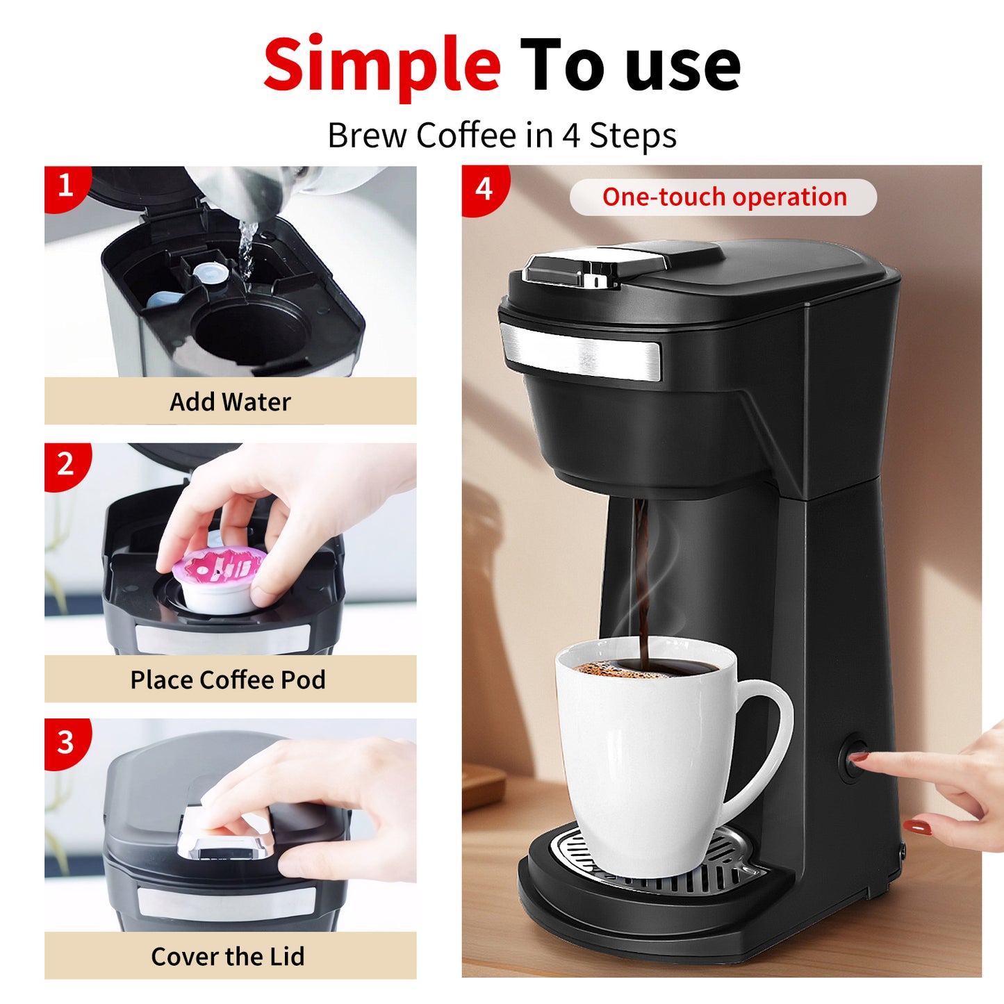 2 in 1 Single Serve Coffee Maker for K Cup Pods & Ground Coffee, Mini K Cup Coffee Machine with 6 to 14 oz Brew Sizes, Single Cup Coffee Brewer with One-Press Fast Brewing, Reusable Filters