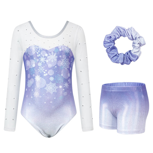 Girls Gymnastics Leotards, Long Sleeve Rhinestone toddler dance outfits with Shorts for Tumbling Ballet
